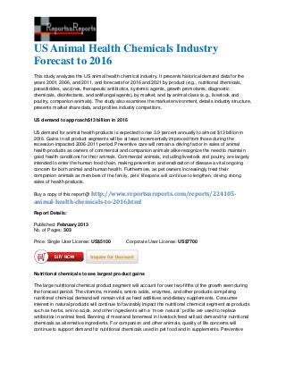 US Animal Health Chemicals Industry
Forecast to 2016
This study analyzes the US animal health chemical industry. It presents historical demand data for the
years 2001, 2006, and 2011, and forecasts for 2016 and 2021 by product (e.g., nutritional chemicals,
parasiticides, vaccines, therapeutic antibiotics, systemic agents, growth promotants, diagnostic
chemicals, disinfectants, and antifungal agents), by market, and by animal class (e.g., livestock and
poultry, companion animals). The study also examines the market environment, details industry structure,
presents market share data, and profiles industry competitors.

US demand to approach$13 billion in 2016

US demand for animal health products is expected to rise 3.9 percent annually to almost $13 billion in
2016. Gains in all product segments will be at least incrementally improved from those during the
recession-impacted 2006-2011 period. Preventive care will remain a driving factor in sales of animal
health products as owners of commercial and companion animals alike recognize the need to maintain
good health conditions for their animals. Commercial animals, including livestock and poultry, are largely
intended to enter the human food chain, making prevention and eradication of disease a vital ongoing
concern for both animal and human health. Furthermore, as pet owners increasingly treat their
companion animals as members of the family, pets’ lifespans will continue to lengthen, driving strong
sales of health products.

                   http://www.reportsnreports.com/reports/224105-
Buy a copy of this report @
animal-health-chemicals-to-2016.html
Report Details:

Published: February 2013
No. of Pages: 303

Price: Single User License: US$5100          Corporate User License: US$7700




Nutritional chemicals to see largest product gains

The large nutritional chemical product segment will account for over two-fifths of the growth seen during
the forecast period. The vitamins, minerals, amino acids, enzymes, and other products comprising
nutritional chemical demand will remain vital as feed additives and dietary supplements. Consumer
interest in natural products will continue to favorably impact the nutritional chemical segment as products
such as herbs, amino acids, and other ingredients with a “more natural” profile are used to replace
antibiotics in animal feed. Banning of meat and bonemeal in livestock feed will aid demand for nutritional
chemicals as alternative ingredients. For companion and other animals, quality of life concerns will
continue to support demand for nutritional chemicals used in pet food and in supplements. Preventive
 