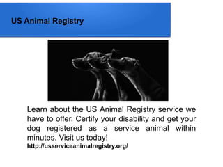 US Animal Registry
Learn about the US Animal Registry service we
have to offer. Certify your disability and get your
dog registered as a service animal within
minutes. Visit us today!
http://usserviceanimalregistry.org/
 