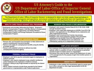 The Department of Labor- Office of Inspector General  is designed to detect and deter  waste, fraud and abuse  in Department of Labor programs and operations; and ensure compliance with applicable laws and regulations; also to promote economy, efficiency, and effectiveness in the administration of the Department of Labor programs. US Attorney's Guide to the  US Department of Labor-Office of Inspector General Office of Labor Racketeering and Fraud Investigations ,[object Object],[object Object],HEALTH CARE FRAUD AGAINST DOL PROGRAMS UNEMPLOYMENT INSURANCE FRAUD ,[object Object],[object Object],[object Object],EMPLOYEE INTEGRITY ,[object Object],[object Object],FEDERAL CONTRACT FRAUD ,[object Object],[object Object],[object Object],[object Object],WORKER VISA FRAUD & CIRCUMVENTION ,[object Object],[object Object],[object Object],[object Object],GRANT FRAUD ,[object Object]