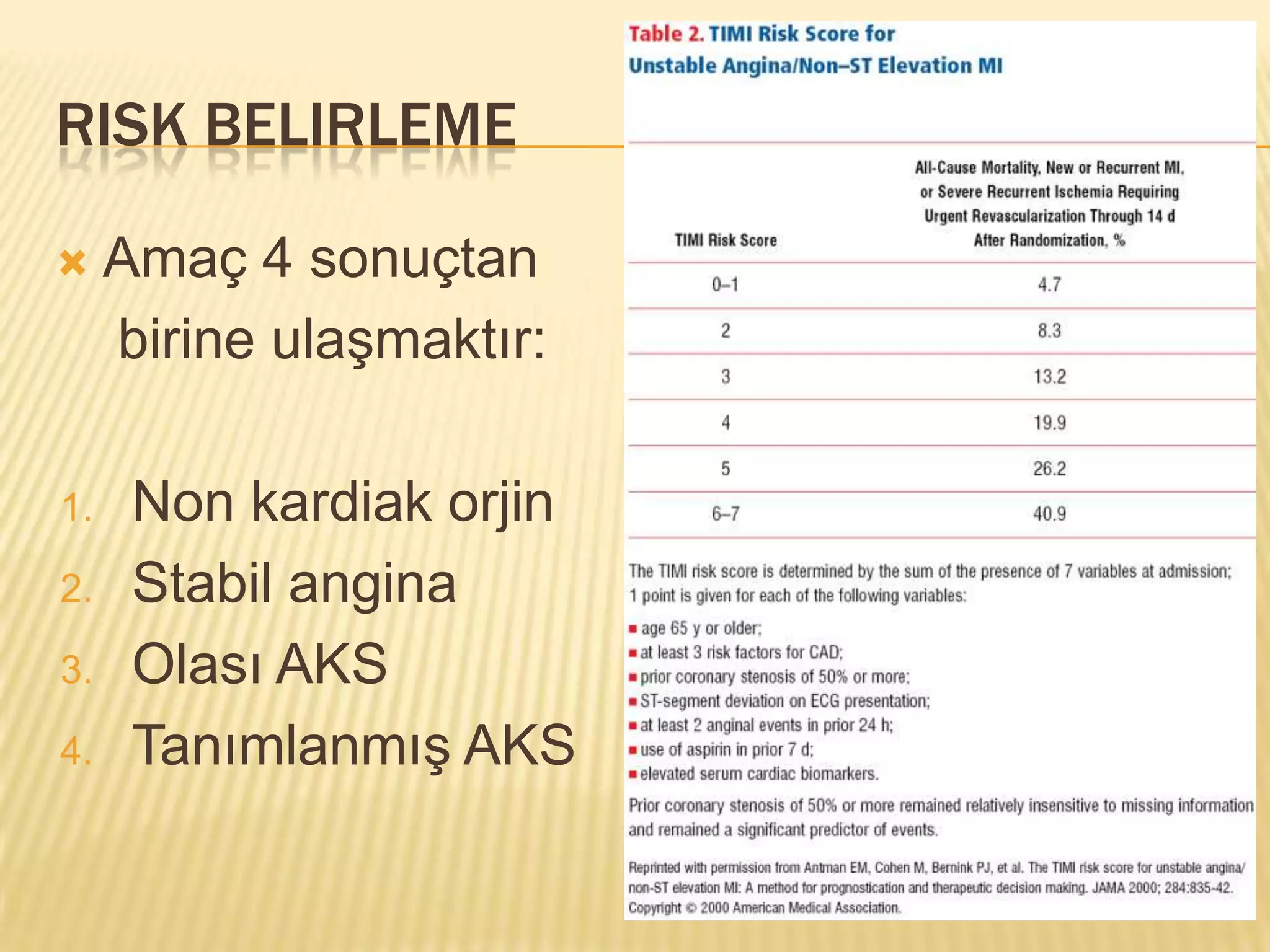 RISK BELIRLEME

    Amaç 4 sonuçtan
     birine ulaşmaktır:

1.    Non kardiak orjin
2.    Stabil angina
3.    Olası AKS
4.    Tanımlanmış AKS
 