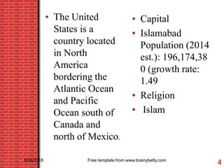 • The United
States is a
country located
in North
America
bordering the
Atlantic Ocean
and Pacific
Ocean south of
Canada and
north of Mexico.
• Capital
• Islamabad
Population (2014
est.): 196,174,38
0 (growth rate:
1.49
• Religion
• Islam
9/26/2018 Free template from www.brainybetty.com
4
 