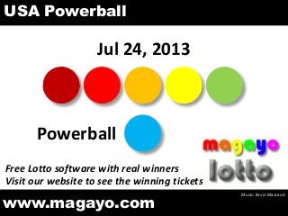 Jul 24, 2013
Powerball
www.magayo.com
Music: Kevin MacLeod
USA Powerball
Free Lotto software with real winners
Visit our website to see the winning tickets
 