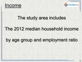 Income 
11 
The country includes 
The 2012 median household income 
by age group and employment ratio 
 