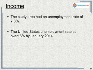 Income 
14 
 The country had an unemployment rate of 4.2%. 
 If the US economy had continued to increase in 
unemployment, the census had projected a 16% 
unemployment rate. 
 