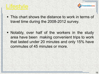 19 
 This chart shows the distance to work in terms of 
travel time during the 2008-2012 survey. 
 Notably, over half of the workers in the country have 
been making convenient trips to work that lasted 
under 20 minutes and only 16% have commutes of 
45 minutes or more. 
 