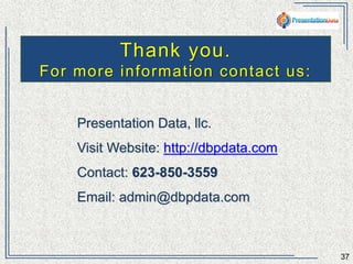37 
Thank you. 
For more informat ion contact us: 
Presentation Data, llc. 
Visit Website: http://dbpdata.com 
Contact: 623-850-3559 
Email: admin@dbpdata.com 
