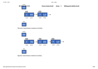 11/10/21, 12:50 Aula - Listas
https://gabrielbueno072.github.io/rea-aed/aula_list.html 23/68
Terceiro: inseriremos o número 6 na lista.
Quarto: inseriremos o número 2 na lista.
REA-AED Home (index.html) Aulas Bibliografia (biblio.html)
 