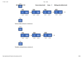 11/10/21, 12:50 Aula - Listas
https://gabrielbueno072.github.io/rea-aed/aula_list.html 29/68
Vamos então remover o número 6:
Também removeremos o número 2.
REA-AED Home (index.html) Aulas Bibliografia (biblio.html)
 