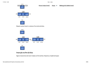 11/10/21, 12:50 Aula - Listas
https://gabrielbueno072.github.io/rea-aed/aula_list.html 39/68
Depois vamos inserir o número 9 no início da lista.
Inserção no fim da lista
Agora trataremos de inserir dados no fim da lista. Vejamos a implementação:
REA-AED Home (index.html) Aulas Bibliografia (biblio.html)
 