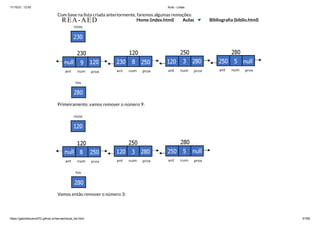 11/10/21, 12:50 Aula - Listas
https://gabrielbueno072.github.io/rea-aed/aula_list.html 47/68
Com base na lista criada anteriormente, faremos algumas remoções:
Primeiramente, vamos remover o número 9:
Vamos então remover o número 3:
REA-AED Home (index.html) Aulas Bibliografia (biblio.html)
 