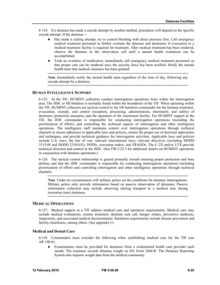Detainee Facilities
12 February 2010 FM 3-39.40 6-35
6-124. If a detainee has made a suicide attempt by another method, procedures will depend on the specific
suicide attempt. If the detainee—
Has made a cutting attempt, try to control bleeding with direct pressure first. Call emergency
medical treatment personnel to further evaluate the detainee and determine if evacuation to a
medical treatment facility is required for treatment. After medical treatment has been rendered,
observe the detainee in the observation cell until a mental health evaluation can be
accomplished.
Took an overdose of medication, immediately call emergency medical treatment personnel so
that proper care can be rendered once the security force has been notified. Notify the mental
health team that medical clearance has been granted.
Note. Immediately notify the mental health team regardless of the time of day, following any
suicide attempt by a detainee.
HUMAN INTELLIGENCE SUPPORT
6-125. At the TIF, HUMINT collectors conduct interrogation operations from within the interrogation
area. The JIDC or MI battalion is normally found within the boundaries of the TIF. When operating within
the TIF, HUMINT collectors are tactical control to the I/R battalion commander for the humane treatment,
evacuation, custody, and control (reception, processing, administration, internment, and safety) of
detainees; protection measures; and the operation of the internment facility. For HUMINT support at the
TIF, the JIDC commander is responsible for conducting interrogation operations (including the
prioritization of effort), and controlling the technical aspects of interrogation and other intelligence
operations. The intelligence staff maintains control over interrogation operations through technical
channels to ensure adherence to applicable laws and policies, ensure the proper use of doctrinal approaches
and techniques, and provide technical guidance for interrogation activities. Applicable laws and policies
include U.S. laws, the law of war, relevant international laws, relevant directives (including DODD
3115.09 and DODD 2310.01E), DODIs, execution orders, and FRAGOs. The C-2X and/or J-2X provide
technical direction and control to the JIDC. (See FM 2-22.3 for additional details on HUMINT operations
in conjunction with detainee operations.)
6-126. The tactical control relationship is geared primarily toward ensuring proper protection and base
defense and that the JIDC commander is responsible for conducting interrogation operations (including
prioritization of effort) and controlling interrogation and other intelligence operations through technical
channels.
Note. Under no circumstances will military police set the conditions for detainee interrogations.
Military police only provide information based on passive observation of detainees. Passive
information collection may include observing (during transport to a medical tent, during
recreation time) detainees.
MEDICAL OPERATIONS
6-127. Medical support at a TIF address medical care and sanitation requirements. Medical care may
include medical evaluations, routine treatment, detainee sick call, hunger strikes, preventive medicine,
inspections, and associated medical documentation. Sanitation requirements include disease prevention and
facility cleanliness, among others. (See appendix I.)
Medical and Dental Care
6-128. Commanders must consider the following when establishing medical care for the TIF (see
AR 190-8):
Examinations must be provided for detainees from a credentialed health care provider each
month. The examiner records detainee weight on DA Form 2664-R. The Detainee Reporting
System also requires weight data from the medical community.
 