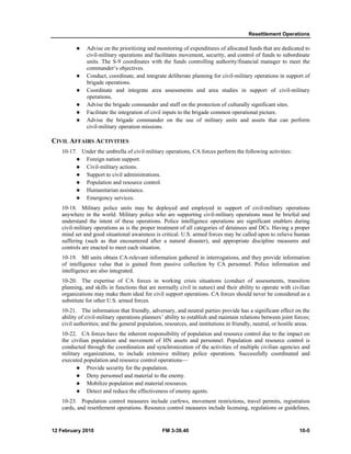 Resettlement Operations
12 February 2010 FM 3-39.40 10-5
Advise on the prioritizing and monitoring of expenditures of allocated funds that are dedicated to
civil-military operations and facilitates movement, security, and control of funds to subordinate
units. The S-9 coordinates with the funds controlling authority/financial manager to meet the
commander’s objectives.
Conduct, coordinate, and integrate deliberate planning for civil-military operations in support of
brigade operations.
Coordinate and integrate area assessments and area studies in support of civil-military
operations.
Advise the brigade commander and staff on the protection of culturally significant sites.
Facilitate the integration of civil inputs to the brigade common operational picture.
Advise the brigade commander on the use of military units and assets that can perform
civil-military operation missions.
CIVIL AFFAIRS ACTIVITIES
10-17. Under the umbrella of civil-military operations, CA forces perform the following activities:
Foreign nation support.
Civil-military actions.
Support to civil administrations.
Population and resource control.
Humanitarian assistance.
Emergency services.
10-18. Military police units may be deployed and employed in support of civil-military operations
anywhere in the world. Military police who are supporting civil-military operations must be briefed and
understand the intent of these operations. Police intelligence operations are significant enablers during
civil-military operations as is the proper treatment of all categories of detainees and DCs. Having a proper
mind set and good situational awareness is critical. U.S. armed forces may be called upon to relieve human
suffering (such as that encountered after a natural disaster), and appropriate discipline measures and
controls are enacted to meet each situation.
10-19. MI units obtain CA-relevant information gathered in interrogations, and they provide information
of intelligence value that is gained from passive collection by CA personnel. Police information and
intelligence are also integrated.
10-20. The expertise of CA forces in working crisis situations (conduct of assessments, transition
planning, and skills in functions that are normally civil in nature) and their ability to operate with civilian
organizations may make them ideal for civil support operations. CA forces should never be considered as a
substitute for other U.S. armed forces.
10-21. The information that friendly, adversary, and neutral parties provide has a significant effect on the
ability of civil-military operations planners’ ability to establish and maintain relations between joint forces;
civil authorities; and the general population, resources, and institutions in friendly, neutral, or hostile areas.
10-22. CA forces have the inherent responsibility of population and resource control due to the impact on
the civilian population and movement of HN assets and personnel. Population and resource control is
conducted through the coordination and synchronization of the activities of multiple civilian agencies and
military organizations, to include extensive military police operations. Successfully coordinated and
executed population and resource control operations—
Provide security for the population.
Deny personnel and material to the enemy.
Mobilize population and material resources.
Detect and reduce the effectiveness of enemy agents.
10-23. Population control measures include curfews, movement restrictions, travel permits, registration
cards, and resettlement operations. Resource control measures include licensing, regulations or guidelines,
 