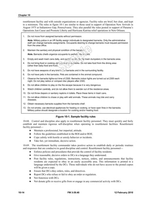 Chapter 10
10-14 FM 3-39.40 12 February 2010
resettlement facility and with outside organizations or agencies. Facility rules are brief, but clear, and kept
to a minimum. The rules in figure 10-1 are similar to those used in support of Operation New Arrivals in
August 1975 at Indiantown Gap, Pennsylvania. They also parallel the rules posted in support of Panama’s
Operations Just Cause and Promote Liberty and Hurricane Katrina relief operations in New Orleans.
1. Do not move from assigned barracks without permission.
Note. Military police in an I/R facility assign individuals to designated barracks. Only the administrative
staff can change barracks assignments. Occupants desiring to change barracks must request permission
from the area office.
2. Maintain the sanitary and physical condition of the barracks.
Note. Barracks chiefs organize occupants to perform these tasks.
3. Empty and wash trash cans daily, and put the trash into the trash dumpsters in the barracks area.
4. Do not bring food or cooking utensils into the barracks. Do not take food from the dining area
(other than baby food and fruit).
5. Do not have weapons of any kind in the barracks and in the surrounding facility.
6. Do not have pets in the barracks. Pets are contained in the animal compound.
7. Observe the barracks lights-out time of 2300. Barracks indoor lights are turned out at 2300 each
night. Do not play radios or compact disc players after 2300.
8. Do not allow children to play on the fire escape because it is very dangerous.
9. Watch children carefully, and do not allow them to wander out of the residence areas.
10. Do not throw diapers or sanitary napkins in toilets. Place these items in trash cans.
11. Do not allow children to chase or play with wild animals. These animals may bite and carry
diseases.
12. Obtain necessary barracks supplies from the barracks chief.
13. Do not smoke, use electrical appliances for heating or cooking, or have open fires in the barracks.
Military police should designate a location for cooking and/or heating food.
Figure 10-1. Sample facility rules
10-68. Control and discipline also apply to resettlement facility personnel. They must quickly and fairly
establish and maintain rigorous self-discipline when operating in resettlement facilities. Resettlement
facility personnel—
Maintain a professional, but impartial, attitude.
Follow the guidelines established in the ROI and/or ROE.
Cope calmly with hostile or unruly behavior or incidents.
Take fair, yet immediate, decisive action.
10-69. The resettlement facility commander takes positive action to establish daily or periodic routines
and responses that are conducive to good discipline and control. Resettlement facility personnel—
Enforce policies and procedures that provide the control of facility residents.
Give reasonable, decisive orders to DCs in a language they understand.
Post facility rules, regulations, instructions, notices, orders, and announcements that facility
residents are expected to obey in an easily accessible area. This information is printed in a
language understood by the DCs. Those individuals who do not have access to the posted copies
will be given a copy.
Ensure that DCs obey orders, rules, and directives.
Report DCs who refuse or fail to obey an order or regulation.
Not fraternize with DCs.
Not donate gifts or receive gifts from or engage in any commercial activity with DCs.
 