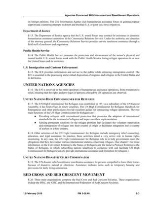 Agencies Concerned With Internment and Resettlement Operations
12 February 2010 FM 3-39.40 E-3
on foreign opinions. The U.S. Information Agency aids humanitarian assistance forces in gaining popular
support and countering attempts to distort and frustrate U.S. or joint task force objectives.
Department of Justice
E-13. The Department of Justice agency that the U.S. armed forces may contact for assistance in domestic
humanitarian assistance operations is the Community Relations Service. Under the authority and direction
of the attorney general, the Community Relations Service provides on-site resolution assistance through a
field staff of mediators and negotiators.
Public Health Service
E-14. The Public Health Service promotes the protection and advancement of the nation’s physical and
mental health. U.S. armed forces work with the Public Health Service during refugee operations in or near
the United States and its territories.
U.S. Immigration and Customs Enforcement
E-15. The ICE provides information and service to the public while enforcing immigration control. The
ICE is essential in the processing and eventual disposition of migrants and refugees in the United States and
its territories.
UNITED NATIONS AGENCIES
E-16. The UN is involved in the entire spectrum of humanitarian assistance operations, from prevention to
relief, ensuring that the rights and privileges of persons affected by I/R operations are observed.
UNITED NATIONS HIGH COMMISSIONER FOR REFUGEES
E-17. The UN High Commissioner for Refugees was established in 1951 as a subsidiary of the UN General
Assembly; it has field offices in ninety countries. The UN High Commissioner for Refugees Handbook for
Emergencies and other publications provide excellent guides for conducting refugee operations. The two
main functions of the UN High Commissioner for Refugees are—
Providing refugees with international protection that promotes the adoption of international
standards for the treatment of refugees and supervises their implementation.
Seeking permanent solutions for the refugee problem that facilitates the voluntary repatriation
and reintegration of refugees into their country of origin or facilitates integration into a country
of asylum or a third country.
E-18. Other activities of the UN High Commissioner for Refugees include emergency relief counseling,
education, and legal assistance. In practice, these activities entail a very active role in human rights
monitoring. In any case, the UN High Commissioner for Refugees role is to help governments meet the
obligations that they have under various international statutes concerning refugees. (See chapter 1 for more
information on the Convention Relating to the Status of Refugees and the Geneva Protocol Relating to the
Status of Refugees, in which subscribing nations undertook to cooperate with and facilitate UN High
Commissioner for Refugees tasks to provide international assistance and protection for refugees.)
UNITED NATIONS DISASTER RELIEF COORDINATOR
E-19. The UN disaster relief coordinator coordinates assistance for persons compelled to leave their homes
because of disasters, natural or otherwise. Assistance includes items such as temporary housing and
provisions for daily living subsistence.
RED CROSS AND RED CRESCENT MOVEMENT
E-20. Three main organizations compose the Red Cross and Red Crescent Societies. These organizations
include the IFRC, the ICRC, and the International Federation of Red Crescent Societies.
 
