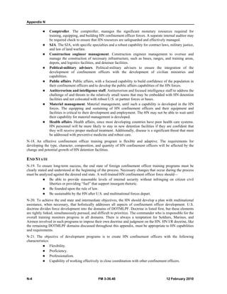 Appendix N
N-4 FM 3-39.40 12 February 2010
Comptroller. The comptroller, manages the significant monetary resources required for
training, equipping, and building HN confinement officer forces. A separate internal auditor may
be required check to ensure that HN resources are safeguarded and effectively managed.
SJA. The SJA, with specific specialties and a robust capability for contract laws, military justice,
and law of land warfare.
Construction engineer management. Construction engineer management to oversee and
manage the construction of necessary infrastructure, such as bases, ranges, and training areas,
depots, and logistics facilities, and detainee facilities.
Political-military advisors. Political-military advisers to ensure the integration of the
development of confinement officers with the development of civilian ministries and
capabilities.
Public affairs. Public affairs, with a focused capability to build confidence of the population in
their confinement officers and to develop the public affairs capabilities of the HN forces.
Antiterrorism and intelligence staff. Antiterrorism and focused intelligence staff to address the
challenge of and threats to the relatively small teams that may be embedded with HN detention
facilities and not colocated with robust U.S. or partner forces or bases.
Materiel management. Materiel management, until such a capability is developed in the HN
forces. The equipping and sustaining of HN confinement officers and their equipment and
facilities is critical to their development and employment. The HN may not be able to wait until
their capability for materiel management is developed.
Health affairs. Health affairs, since most developing countries have poor health care systems.
HN personnel will be more likely to stay in new detention facilities if they are confident that
they will receive proper medical treatment. Additionally, disease is a significant threat that must
be addressed with preventive medicine and robust care.
N-18. An effective confinement officer training program is flexible and adaptive. The requirements for
developing the type, character, composition, and quantity of HN confinement officers will be affected by the
change and potential growth of HN detention facilities.
END STATE
N-19. To ensure long-term success, the end state of foreign confinement officer training programs must be
clearly stated and understood at the beginning of the process. Necessary changes that occur during the process
must be analyzed against the desired end state. A well-trained HN confinement officer force should—
Be able to provide reasonable levels of internal security without infringing on citizen civil
liberties or providing “fuel” that support insurgent rhetoric.
Be founded upon the rule of law.
Be sustainable by the HN after U.S. and multinational forces depart.
N-20. To achieve the end state and intermediate objectives, the HN should develop a plan with multinational
assistance, when necessary, that holistically addresses all aspects of confinement officer development. U.S.
doctrine divides force development into the domains of DOTMLPF. Doctrine is listed first, but these elements
are tightly linked, simultaneously pursued, and difficult to prioritize. The commander who is responsible for the
overall training monitors progress in all domains. There is always a temptation for Soldiers, Marines, and
Airmen involved in such programs to impose their own doctrine and judgment on the HN. HN I/R doctrine, like
the remaining DOTMLPF domains discussed throughout this appendix, must be appropriate to HN capabilities
and requirements.
N-21. The objective of development programs is to create HN confinement officers with the following
characteristics:
Flexibility.
Proficiency.
Professionalism.
Capability of working effectively in close coordination with other confinement officers.
 