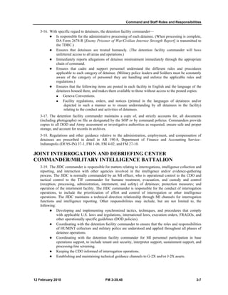Command and Staff Roles and Responsibilities
12 February 2010 FM 3-39.40 3-7
3-16. With specific regard to detainees, the detention facility commander—
Is responsible for the administrative processing of each detainee. (When processing is complete,
DA Form 2674-R [Enemy Prisoner of War/Civilian Internee Strength Report] is transmitted to
the TDRC.)
Ensures that detainees are treated humanely. (The detention facility commander will have
unfettered access to all areas and operations.)
Immediately reports allegations of detainee mistreatment immediately through the appropriate
chain of command.
Ensures that cadre and support personnel understand the different rules and procedures
applicable to each category of detainee. (Military police leaders and Soldiers must be constantly
aware of the category of personnel they are handling and enforce the applicable rules and
regulations.)
Ensures that the following items are posted in each facility in English and the language of the
detainees housed there, and makes them available to those without access to the posted copies:
Geneva Conventions.
Facility regulations, orders, and notices (printed in the languages of detainees and/or
depicted in such a manner as to ensure understanding by all detainees in the facility)
relating to the conduct and activities of detainees.
3-17. The detention facility commander maintains a copy of, and strictly accounts for, all documents
(including photographs) on file as designated by the SOP or by command policies. Commanders provide
copies to all DOD and Army assessment or investigative authorities as requested, ensure safe and proper
storage, and account for records in archives.
3-18. Regulations and other guidance relative to the administration, employment, and compensation of
detainees are prescribed in detail in AR 190-8, Department of Finance and Accounting Service–
Indianapolis (DFAS-IN) 37-1, FM 1-06, FM 4-02, and FM 27-10.
JOINT INTERROGATION AND DEBRIEFING CENTER
COMMANDER/MILITARY INTELLIGENCE BATTALION
3-19. The JIDC commander is responsible for matters relating to interrogations, intelligence collection and
reporting, and interaction with other agencies involved in the intelligence and/or evidence-gathering
process. The JIDC is normally commanded by an MI officer, who is operational control to the CDO and
tactical control to the TIF commander for humane treatment, evacuation, and custody and control
(reception, processing, administration, internment, and safety) of detainees; protection measures; and
operation of the internment facility. The JIDC commander is responsible for the conduct of interrogation
operations, to include the prioritization of effort and control of interrogation or other intelligence
operations. The JIDC maintains a technical direction relationship through MI channels for interrogation
functions and intelligence reporting. Other responsibilities may include, but are not limited to, the
following:
Developing and implementing synchronized tactics, techniques, and procedures that comply
with applicable U.S. laws and regulations, international laws, execution orders, FRAGOs, and
other operationally specific guidelines (DOD policies).
Coordinating with the detention facility commander to ensure that the roles and responsibilities
of HUMINT collectors and military police are understood and applied throughout all phases of
detainee operations.
Coordinating with the detention facility commander for MI personnel participation in base
operations support, to include tenant unit security, interpreter support, sustainment support, and
processing-line screening.
Keeping the CDO informed of interrogation operations.
Establishing and maintaining technical guidance channels to G-2X and/or J-2X assets.
 