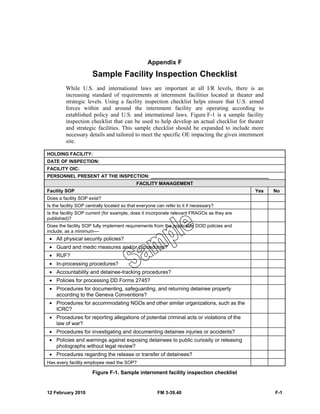 Appendix F 
Sample Facility Inspection Checklist 
While U.S. and international laws are important at all I/R levels, there is an 
increasing standard of requirements at internment facilities located at theater and 
strategic levels. Using a facility inspection checklist helps ensure that U.S. armed 
forces within and around the internment facility are operating according to 
established policy and U.S. and international laws. Figure F-1 is a sample facility 
inspection checklist that can be used to help develop an actual checklist for theater 
and strategic facilities. This sample checklist should be expanded to include more 
necessary details and tailored to meet the specific OE impacting the given internment 
site. 
HOLDING FACILITY: 
DATE OF INSPECTION: 
FACILITY OIC: 
PERSONNEL PRESENT AT THE INSPECTION: _____________________________________________ 
FACILITY MANAGEMENT 
Facility SOP Yes No 
Does a facility SOP exist? 
Is the facility SOP centrally located so that everyone can refer to it if necessary? 
Is the facility SOP current (for example, does it incorporate relevant FRAGOs as they are 
published)? 
Does the facility SOP fully implement requirements from the applicable DOD policies and 
include, as a minimum–– 
• All physical security policies? 
• Guard and medic measures and/or procedures? 
• RUF? 
• In-processing procedures? 
• Accountability and detainee-tracking procedures? 
• Policies for processing DD Forms 2745? 
• Procedures for documenting, safeguarding, and returning detainee property 
according to the Geneva Conventions? 
• Procedures for accommodating NGOs and other similar organizations, such as the 
ICRC? 
• Procedures for reporting allegations of potential criminal acts or violations of the 
law of war? 
• Procedures for investigating and documenting detainee injuries or accidents? 
• Policies and warnings against exposing detainees to public curiosity or releasing 
photographs without legal review? 
• Procedures regarding the release or transfer of detainees? 
Has every facility employee read the SOP? 
Figure F-1. Sample internment facility inspection checklist 
12 February 2010 FM 3-39.40 F-1 
 