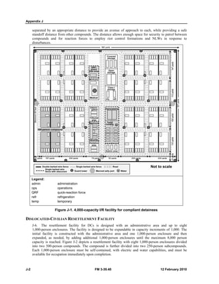 Appendix 
J-2 
J 
ated by an app 
off distance fro 
ounds and fo 
bances. 
separa 
stando 
compo 
disturb 
nd: 
Legen 
admin 
ops 
QRF 
refr 
temp 
DISLOCA 
J-6. 
1,000- 
initial 
expand 
capaci 
into tw 
Each 
availab 
propriate distan 
om other comp 
r reaction for 
adm 
ope 
qui 
ref 
tem 
Figu 
nce to provide 
pounds. The di 
rces to emplo 
ministration 
erations 
ick-reaction for 
rigeration 
mporary 
ure J-1. 4,000 
IAN RESETT 
ment facility f 
ures. The faci 
onstructed wit 
ed, by adding 
Figure J-2 de 
n compounds. 
enclosure mus 
tion immediate 
ATED-CIVILI 
The resettlem 
-person enclos 
facility is co 
ded, as neede 
ity is reached. 
wo 500-person 
1,000-person 
ble for occupat 
e an avenue o 
istance allows 
oy riot contro 
ACILITY 
designed with 
ed to be expan 
strative area 
000-person en 
ement facility 
nd is further d 
tained, with el 
letion. 
FM 3- 
rce 
0-capacity I/R 
LEMENT FA 
for DCs is d 
lity is designe 
th the admini 
additional 1,0 
epicts a resettle 
The compoun 
st be self-cont 
ely upon comp 
facility for 
-39.40 
f approach to 
enough space 
ol formations 
compliant d 
each, while p 
for security to 
and NLWs 
an administr 
ndable in capac 
and one 1,00 
nclosures until 
with eight 1,0 
ivided into tw 
lectric and wa 
providing a saf 
o patrol betwee 
in response t 
fe 
en 
to 
nd up to eigh 
ts of 1,000. Th 
osure and the 
m 8,000 perso 
closures divide 
subcompound 
es, and must b 
12 
etainees 
rative area an 
city increment 
0-person encl 
the maximum 
000-person enc 
wo 250-person 
ater capabilitie 
ht 
he 
en 
on 
ed 
ds. 
be 
2 February 201 
10 
 
