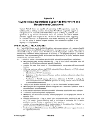 Appendix K 
Psychological Operations Support to Internment and 
Resettlement Operations 
Tactical PSYOP forces are capable of supporting all I/R operations, except the 
handling of U.S. military prisoners. The tactical PSYOP unit assigned to support an 
I/R operation will plan and conduct PSYOP in support of Army or joint task force 
operations in any mission environment across the spectrum of conflict. PSYOP 
personnel support units assigned to the I/R mission. The mission of the supporting 
PSYOP unit is twofold—to help maintain order within the facility and to provide the 
PSYOP task force or PSYOP support element with information relevant to the 
ongoing PSYOP programs. 
OPERATIONAL PROCEDURES 
K-1. Tactical PSYOP units provide the PSYOP task force and/or support element with a unique and useful 
capability by collecting timely PSYOP-relevant information from representatives of actual target audiences 
within an I/R facility. In addition, tactical PSYOP units provide the geographic combatant commander or 
joint task force commander with a valuable asset by executing PSYOP programs that pacify I/R facility 
populations. These programs assist the I/R facility guard force with control of the facility population during 
emergencies and intertheater transfers. 
K-2. To effectively support I/R operations, tactical PSYOP units perform essential tasks that include— 
z Developing a PSYOP program and conducting PSYOP to pacify, obtain cooperation from, and 
condition the I/R facility population to accept U.S. authority. 
z Assisting the guard force control of I/R populations during emergencies and intercompound 
transfers. 
z Collecting, analyzing, and reporting PSYOP-relevant intelligence. Examples of PSYOP-relevant 
intelligence includes, but are not limited to— 
„ Identification of PSYOP vulnerabilities. 
„ Indications of the effectiveness of themes, symbols, products, and current and previous 
PSYOP operations. 
„ Verification of PSYOP targeting effectiveness (determine if PSYOP is reaching the 
intended target audience and if PSYOP operations are having collateral effects on intended 
or unintended target audiences). 
z Testing PSYOP products as directed by the PSYOP task force or PSYOP support element. 
z Developing and providing PSYOP products in support of PSYOP task force operations, such as 
recorded detainee surrender appeals. 
z Collecting and confirming or denying demographic information about PSYOP target audiences. 
z Ascertaining targets and objectives of propaganda. 
z Determining the effectiveness of enemy internal propaganda, such as propaganda directed at 
opposing forces. 
z Planning and conducting PSYOP to achieve other multinational and/or joint PSYOP task force 
or PSYOP support element objectives, such as reorienting or reeducating the I/R facility 
population or setting the stage for acceptance of future operations. 
z Assisting in improving relations with the local population (in the vicinity of the I/R facility) to 
prevent or minimize interference with I/R facility operations. 
z Conducting tactical PSYOP missions as directed by the PSYOP task force or support element, or 
the supported commander. 
12 February 2010 FM 3-39.40 K-1 
 