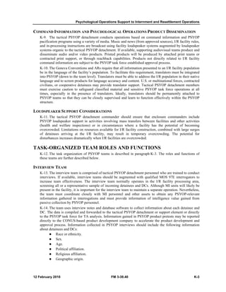 Psychological Operations Support to Internment and Resettlement Operations 
COMMAND INFORMATION AND PSYCHOLOGICAL OPERATIONS PRODUCT DISSEMINATION 
K-9. The tactical PSYOP detachment conducts operations based on command information and PSYOP 
pacification programs using a variety of media. Music and news (from approved sources), I/R facility rules, 
and in-processing instructions are broadcast using facility loudspeaker systems augmented by loudspeaker 
systems organic to the tactical PSYOP detachment. If available, supporting audiovisual teams produce and 
disseminate audio and/or video products. Printed products will be produced by attached print teams or 
contracted print support, or through reachback capabilities. Products not directly related to I/R facility 
command information are subject to the PSYOP task force established approval process. 
K-10. The Geneva Conventions and ARs require that all information presented to an I/R facility population 
be in the language of the facility’s population. To facilitate this requirement, translators must be integrated 
into PSYOP (down to the team level). Translators must be able to address the I/R population in their native 
language and to screen products for language accuracy and content. U.S. or multinational forces, contracted 
civilians, or cooperative detainees may provide translator support. Tactical PSYOP detachment members 
must exercise caution to safeguard classified material and sensitive PSYOP task force operations at all 
times, especially in the presence of translators. Ideally, translators should be permanently attached to 
PSYOP teams so that they can be closely supervised and learn to function effectively within the PSYOP 
structure. 
LOUDSPEAKER SUPPORT CONSIDERATIONS 
K-11. The tactical PSYOP detachment commander should ensure that enclosure commanders include 
PSYOP loudspeaker support in activities involving mass transfers between facilities and other activities 
(health and welfare inspections) or in circumstances where a facility has the potential of becoming 
overcrowded. Limitations on resources available for I/R facility construction, combined with large surges 
of detainees arriving at the I/R facility, may result in temporary overcrowding. The potential for 
disturbances increases dramatically when I/R facilities are overcrowded. 
TASK-ORGANIZED TEAM ROLES AND FUNCTIONS 
K-12. The task organization of PSYOP teams is described in paragraph K-3. The roles and functions of 
these teams are further described below. 
INTERVIEW TEAM 
K-13. The interview team is comprised of tactical PSYOP detachment personnel who are trained to conduct 
interviews. If available, interview teams should be augmented with qualified MOS 97E interrogators to 
increase team effectiveness. The interview team normally operates in the I/R facility processing area, 
screening all or a representative sample of incoming detainees and DCs. Although MI units will likely be 
present in the facility, it is important for the interview team to maintain a separate operation. Nevertheless, 
the team must coordinate closely with MI personnel and other assets to obtain any PSYOP-relevant 
information gathered in interrogations and must provide information of intelligence value gained from 
passive collection by PSYOP personnel. 
K-14. The team uses interview notes and database software to collect information about each detainee and 
DC. The data is compiled and forwarded to the tactical PSYOP detachment or support element or directly 
to the PSYOP task force for TA analysis. Information gained in PSYOP product pretests may be reported 
directly to the CONUS-based product development company to accelerate the product development and 
approval process. Information collected in PSYOP interviews should include the following information 
about detainees and DCs: 
z Race or ethnicity. 
z Sex. 
z Age. 
z Political affiliation. 
z Religious affiliation. 
z Geographic origin. 
12 February 2010 FM 3-39.40 K-3 
 