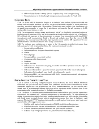 Psychological Operations Support to Internment and Resettlement Operations 
z Detainees and DCs who suddenly refuse to cooperate at any point during processing. 
z Names that appear in the list of sought after persons (sometimes called the “black list”). 
ENCLOSURE TEAM 
K-19. The tactical PSYOP detachment assigned as an enclosure team conducts face-to-face PSYOP and 
collects vital information within the I/R facility. To perform its mission, members of the enclosure team 
must have unrestricted access to the I/R population. The enclosure team conducts close coordination with 
the guard force commander to ensure that its activities do not jeopardize the safe operation of the I/R 
facility and to ensure that they are safe. 
K-20. The enclosure team builds a rapport with detainees and DCs by distributing recreational equipment, 
conducting morale support activities, and performing other actions designed to gain the trust of detainees or 
DCs. Although it is important for the enclosure team to maintain close communication with other PSYOP 
team elements, such communication should be discreet and conducted away from the view of the I/R 
population. The enclosure team will usually enjoy a greater rapport with the I/R population if it is not 
identified with the authoritarian elements of the facility administration. 
K-21. The enclosure team capitalizes on its access to the I/R population to collect information about 
individuals and to watch for potential problems. The enclosure team should look for— 
z Formal and informal leaders. 
z Individuals who are the center of attention in a group. 
z Loners. 
z Unusual groups. 
z Items passed from one person to another. 
z Contrasting soil in the compound. 
z Lookouts. 
z Signals and codes. 
z Individuals who move from one group, to another and whose presence forces the topic of 
conversation to change. 
z Individuals who speak for a group but maintain eye contact with another person in that group. 
z Individuals who immediately make friends with military police guards. 
z Detainees and DCs who express interest in I/R facility construction or materials and equipment 
used in facility construction. 
QUICK-RESPONSE FORCE SUPPORT TEAM 
K-22. In addition to providing loudspeaker support inside the facility, the tactical PSYOP detachment 
commander and quick-reaction force support team coordinate with enclosure commanders to include 
loudspeaker support to PSYOP as part of the I/R facility response capability. The quick-reaction force 
support team is a predesignated element that serves as an emergency tactical response force for the 
compounds or other locations determined by the facility commander. 
K-23. The tactical PSYOP detachment commander maintains contact with the quick-reaction support force 
team through the supported unit’s communications network or by other means. The team designated to 
support the quick-reaction support force team must be prepared to support the quick-reaction force mission 
and should remain physically located with the quick-reaction support force team to facilitate a rapid 
response. The tactical PSYOP detachment commander or quick-reaction force support team leader must 
accomplish the following premission tasks: 
z Brief the quick-reaction force commander on PSYOP capabilities and employment. 
z Coordinate a reaction plan and preplanned routes with the quick-reaction force team. 
z Rehearse operational procedures with each new quick-reaction force team. 
z Rehearse likely emergency scenarios and perform reconnaissance of the sites. 
12 February 2010 FM 3-39.40 K-5 
 