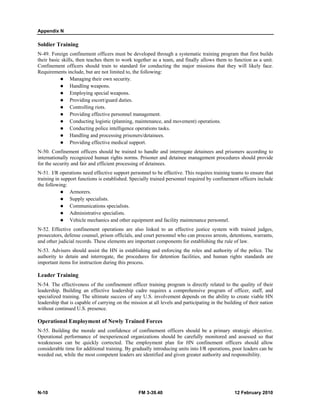 Appendix N 
Soldier Training 
N-49. Foreign confinement officers must be developed through a systematic training program that first builds 
their basic skills, then teaches them to work together as a team, and finally allows them to function as a unit. 
Confinement officers should train to standard for conducting the major missions that they will likely face. 
Requirements include, but are not limited to, the following: 
z Managing their own security. 
z Handling weapons. 
z Employing special weapons. 
z Providing escort/guard duties. 
z Controlling riots. 
z Providing effective personnel management. 
z Conducting logistic (planning, maintenance, and movement) operations. 
z Conducting police intelligence operations tasks. 
z Handling and processing prisoners/detainees. 
z Providing effective medical support. 
N-50. Confinement officers should be trained to handle and interrogate detainees and prisoners according to 
internationally recognized human rights norms. Prisoner and detainee management procedures should provide 
for the security and fair and efficient processing of detainees. 
N-51. I/R operations need effective support personnel to be effective. This requires training teams to ensure that 
training in support functions is established. Specially trained personnel required by confinement officers include 
the following: 
z Armorers. 
z Supply specialists. 
z Communications specialists. 
z Administrative specialists. 
z Vehicle mechanics and other equipment and facility maintenance personnel. 
N-52. Effective confinement operations are also linked to an effective justice system with trained judges, 
prosecutors, defense counsel, prison officials, and court personnel who can process arrests, detentions, warrants, 
and other judicial records. These elements are important components for establishing the rule of law. 
N-53. Advisers should assist the HN in establishing and enforcing the roles and authority of the police. The 
authority to detain and interrogate, the procedures for detention facilities, and human rights standards are 
important items for instruction during this process. 
Leader Training 
N-54. The effectiveness of the confinement officer training program is directly related to the quality of their 
leadership. Building an effective leadership cadre requires a comprehensive program of officer, staff, and 
specialized training. The ultimate success of any U.S. involvement depends on the ability to create viable HN 
leadership that is capable of carrying on the mission at all levels and participating in the building of their nation 
without continued U.S. presence. 
Operational Employment of Newly Trained Forces 
N-55. Building the morale and confidence of confinement officers should be a primary strategic objective. 
Operational performance of inexperienced organizations should be carefully monitored and assessed so that 
weaknesses can be quickly corrected. The employment plan for HN confinement officers should allow 
considerable time for additional training. By gradually introducing units into I/R operations, poor leaders can be 
weeded out, while the most competent leaders are identified and given greater authority and responsibility. 
N-10 FM 3-39.40 12 February 2010 
 