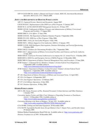 References 
STP 19-31E24-SM-TG. Soldier’s Manual and Trainer’s Guide, MOS 31E, Internment/Resettlement 
Specialist, Skill Levels 2/3/4. 5 March 2009. 
JOINT AND DEPARTMENT OF DEFENSE PUBLICATIONS 
AJP-2.5. Captured Persons, Materiel and Documents. August 2007. 
CJCSI 5810.01C. Implementation of the DOD Law of War Program. 31 January 2007. 
DIAM 58-12. (S//NF) DOD HUMINT Management System (U). 30 June 1997. 
DODD 1325.04. Confinement of Military Prisoners and Administration of Military Correctional 
Programs and Facilities. 17 August 2001. 
DODD 2000.13. Civil Affairs. 27 June 1994. 
DODD 2310.01E. The Department of Defense Detainee Program. 5 September 2006. 
DODD 2311.01E. DOD Law of War Program. 9 May 2006. 
DODD 3000.3. Policy for Non-Lethal Weapons. 9 July 1996. 
DODD 3025.1. Military Support to Civil Authorities (MSCA). 15 January 1993. 
DODD 3115.09. DOD Intelligence Interrogations, Detainee Debriefings, and Tactical Questioning. 
9 October 2008. 
DODI 1100.22. Guidance for Determining Workforce Mix. 7 September 2006. 
DODI 1325.7. Administration of Military Correctional Facilities and Clemency and Parole Authority. 
17 July 2001. 
DODI 3020.41. Contractor Personnel Authorized to Accompany the U.S. Armed Forces. 3 October 2005. 
DODI 6055.6. DOD Fire and Emergency Services (F&ES) Program. 21 December 2006. 
DODI 7000.14. Department of Defense Financial Management Policy and Procedures. 23 June 2006. 
JFTR Volume 1. Uniformed Service Members,.Volume 1 of Joint Federal Travel Regulations. 
1 September 2009. Available online at 
<http://www.defensetravel.dod.mil/perdiem/trvlregs.html>. 
JFTR Volume 2. Department of Defense Civilian Personnel, Volume 1 of Joint Federal Travel 
Regulations. 1 September 2009. Available online at 
<http://www.defensetravel.dod.mil/perdiem/trvlregs.html>. 
JP 1-02. Department of Defense Dictionary of Military and Associated Terms. 12 April 2001. 
JP 3-28. Civil Support. 14 September 2007. 
JP 3-34. Joint Engineer Operations. 12 February 2007. 
JP 3-57. Civil-Military Operations. 8 July 2008. 
JP 3-63. Detainee Operations. 30 May 2008. 
OTHER PUBLICATIONS 
AFI 31-304. Enemy Prisoners of War, Retained Personnel, Civilian Internees and Other Detainees. 
1 October 1997. 
Convention Against Torture and Other Cruel, Inhuman or Degrading Treatment or Punishment, 
Article 2. 10 December 1984. Available online at 
<http://www2.ohchr.org/english/law/cat.htm#art2>. 
Convention Relating to the Status of Refugees. 28 July 1951. Available online at 
<http://www.unhcr.org/protect/PROTECTION/3b66c2aa10.pdf>. 
CTA 50-900. Clothing and Individual Equipment. 20 November 2008. 
CTA 50-970. Expendable/Durable Items (Except Medical, Class V, Repair Parts, and Heraldic Items). 
28 January 2005. 
Defense Medical Standardization Board Web site. Available online at <http://www.jrcab.army.mil>. 
Detainee Treatment Act of 2005. 30 December 2005. 
12 February 2010 FM 3-39.40 References-3 
 