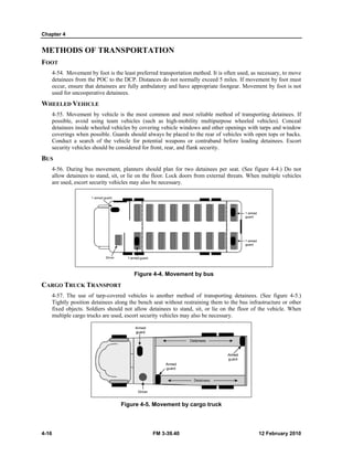 Chapter 4 
METH 
FOOT 
4-16 
HODS OF T 
4-54. 
detain 
occur, 
used f 
Movement by 
nees from the P 
ensure that de 
for uncooperati 
ED VEHICLE 
Movement by 
ble, avoid usin 
nees inside whe 
ings when poss 
uct a search o 
ty vehicles sho 
WHEELE 
4-55. 
possib 
detain 
coveri 
Condu 
securit 
BUS 
4-56. 
allow 
are use 
During bus m 
detainees to st 
ed, escort secu 
CARGO T 
TRUCK TRA 
The use of ta 
y position deta 
objects. Soldie 
ple cargo truck 
4-57. 
Tightl 
fixed 
multip 
TRANSPO 
ORTATIO 
foot is the leas 
POC to the DC 
etainees are fu 
ive detainees. 
ON 
st preferred tra 
CP. Distances d 
ully ambulatory 
y vehicle is the 
ng team vehic 
eeled vehicles b 
sible. Guards s 
of the vehicle 
ould be conside 
ansportation me 
do not normally 
y and have app 
e most commo 
cles (such as 
by covering ve 
should always 
for potential 
ered for front, r 
movement, plan 
tand, sit, or lie 
urity vehicles m 
on and most r 
high-mobility 
ehicle window 
be placed to t 
weapons or c 
rear, and flank 
nners should p 
e on the floor. 
may also be nec 
plan for two d 
Lock doors fro 
cessary. 
Figure 4-4. 
NSPORT 
arp-covered ve 
ainees along th 
ers should not 
s are used, esco 
Movement b 
ehicles is anot 
he bench seat w 
t allow detaine 
ort security veh 
Figu 
ther method o 
without restrai 
ees to stand, s 
hicles may also 
ure 4-5. Move 
ement by car 
FM 3- 
-39.40 
ethod. It is ofte 
y exceed 5 mil 
propriate footg 
en used, as nec 
les. If moveme 
gear. Movemen 
eliable method 
y multipurpose 
ws and other op 
the rear of veh 
ontraband bef 
security. 
cessary, to mov 
ent by foot mu 
nt by foot is no 
d of transporti 
e wheeled veh 
penings with ta 
hicles with open 
fore loading d 
detainees per s 
om external th 
by bus 
ve 
ust 
ot 
ing detainees. 
hicles). Conce 
rps and windo 
n tops or back 
etainees. Esco 
seat. (See figu 
hreats. When m 
of transporting 
ining them to t 
it, or lie on th 
o be necessary 
rgo truck 
If 
al 
w 
ks. 
ort 
ure 4-4.) Do no 
multiple vehicle 
g detainees. (S 
the bus infrast 
he floor of the 
y. 
ot 
es 
See figure 4-5 
tructure or othe 
e vehicle. Whe 
12 
5.) 
er 
en 
2 February 201 
10 
 