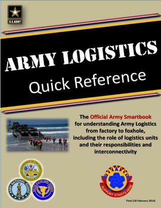 0
CASCOM Force Development Directorate
LTC Davie Burgdorf, 804-734-2883
The Official Army Smartbook
for understanding Army Logistics
from factory to foxhole,
including the role of logistics units
and their responsibilities and
interconnectivity
Final (18 February 2014)
 