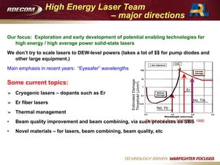 High Energy Laser Team  
– major directions
Our focus: Exploration and early development of potential enabling technologies for
high energy / high average power solid-state lasers
We don’t try to scale lasers to DEW-level powers (takes a lot of $$ for pump diodes and
other large equipment.)
Main emphasis in recent years: “Eyesafer” wavelengths
Some current topics:
➢ Cryogenic lasers – dopants such as Er
➢ Er fiber lasers
➢ Thermal management
• Beam quality improvement and beam combining, via such processes as SBS
• Novel materials – for lasers, beam combining, beam quality, etcEstimatedDamage
Threshold(J/cm2)
Nd, Yb
Er
Ho, Tm
Zuclich et al, Proc. SPIE 2391, 1995
 