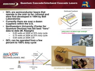 10/25/07
Quantum Cascade/Interband Cascade Lasers
• QCL are semiconductor lasers that
operate in the mid- to far- infrared and
were first developed in 1994 by Bell
Laboratories
• Currently there are over a dozen
suppliers within the U.S.
• Northwestern University (Center for
Quantum Devices) has the best “hero”
data to date (M. Razeghi)
– 0.85 watts at 300K at 35% duty cycle
– 0.75 watts at 300K at 25% duty cycle
– 0.64 watts at 300K CW
• QCL can be operated from a few
percent to 100% duty cycle
Distributed Feedback
QC
laser
array Collimating
lens
Grating
Output
Coupler
 