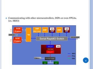 

Communicating with other microcontrollers, DSPs or even FPGAs.
(ex. SRIO)

5

 