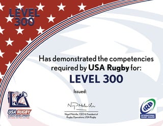 NigelMelville,CEO&Presidentof
RugbyOperations,USARugby
Issued:
LEVEL
300
LEVEL
300
LEVEL
300
LEVEL
300
Hasdemonstratedthecompetencies
requiredbyUSA Rugbyfor:
LEVEL 300
8/15/2012
Twiford
Jim
 