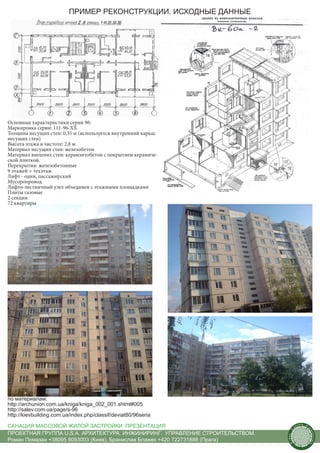 ПРИМЕР РЕКОНСТРУКЦИИ. ИСХОДНЫЕ ДАННЫЕ




Основные характеристики серии 96:
Маркировка серии: 111-96-ХХ
Толщина несущих стен: 0,35 м (используется внутренний каркас
несущих стен)
Высота этажа в чистоте: 2,8 м
Материал несущих стен: железобетон
Материал внешних стен: керамзитобетон с покрытием керамиче-
ской плиткой.
Перекрытия: железобетонные
9 этажей + техэтаж
Лифт - один, пассажирский
Мусоропровод
Лифто-лестничный узел объединен с этажными площадками
Плиты газовые
2 секции
72 квартиры




по материалам:
http://archunion.com.ua/kniga/kniga_002_001.shtml#005
http://salev.com.ua/page/s-96
http://kievbuilding.com.ua/index.php/classif/deviat80/96seria

САНАЦИЯ МАССОВОЙ ЖИЛОЙ ЗАСТРОЙКИ. ПРЕЗЕНТАЦИЯ                                         us
                                                                                           tain   A.
                                                                                                       r
                                                                                  .




                                                                                                       ch
                                                                                 S




ПРОЕКТНАЯ ГРУППА U.S.A. АРХИТЕКТУРА. ИНЖИНИРИНГ. УПРАВЛЕНИЕ СТРОИТЕЛЬСТВОМ.
                                                                                                           itecture
                                                                               rban




Роман Помазан +38095 8093003 (Киев), Бранислав Блажек +420 722731888 (Прага)
                                                                                U.
 