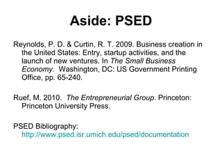 Aside: PSED Reynolds, P. D. & Curtin, R. T. 2009. Business creation in the United States: Entry, startup activities, and the launch of new ventures. In  The Small Business Economy.  Washington, DC: US Government Printing Office, pp. 65-240.  Ruef, M. 2010.  The Entrepreneurial Group . Princeton: Princeton University Press.  PSED Bibliography:  http://www.psed.isr.umich.edu/psed/documentation   