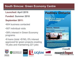 South Simcoe: Green Economy Centre

Launched: April 2010
Funded: Summer 2010
September 2011:
•604 business contacted
•507 individual visits
•39% interest in Green Economy
programs
•8 loans (total +$1M), 0% interest
approved for green projects creating
18 jobs and maintaining 221 jobs
 