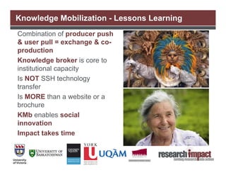 Knowledge Mobilization - Lessons Learning
Combination of producer push
& user pull = exchange & co-
production
Knowledge broker is core to
institutional capacity
Is NOT SSH technology
transfer
Is MORE than a website or a
brochure
KMb enables social
innovation
Impact takes time
 