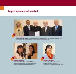 Logros de nuestra Facultad




         Escuela de Medicina
         Certificación por Coneau en noviembre del 2009. Implementación del Externado médico en 2011.
         Implementación del currículum basado en competencias para los próximos 5 años.




    Escuela de Enfermería                                      Escuela de Psicología
    Primer Puesto: Lopez Sosa Isabel Del Milagro               Profesora María Elena Escuza Pasco,
    Segundo Puesto: Calderon Flores Audrey Katherine           ganadora del Premio Incentivo a la
    Primeros puestos en el Examen de Internado 2011-I.         investigación: “Leopoldo Chiappo Galli” 2010.
 