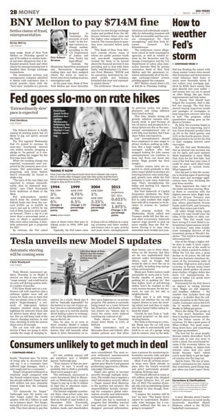 2B MONEY USA TODAY
K1 FRIDAY, MARCH 20, 2015
A story Monday about Charles
Barkley’s absence on social media
incorrectly described March
Madness, which is the NCAA’s
basketball tournament.
USA TODAY is committed to accuracy. To reach us,
contact Standards Editor Brent Jones at 800-872-
7073 or e-mail accuracy@usatoday.com. Please
indicate whether you’re responding to content
online or in the newspaper.
Corrections & Clarifications
NEW YORK Bank of New York
Mellon on Thursday agreed to
pay $714 million to resolve feder-
al and state allegations that it de-
frauded pension funds and other
clients by misrepresenting how it
handled their foreign exchange
transactions.
The investment services and
management company admitted
it falsely told customers that it
would provide them with the
“best rates” available in a process
designed to
“maximize the
proceeds of each
trade” in the for-
eign currency ex-
change market,
according to the
U.S. Department
of Justice and
New York’s top
legal official.
Instead, the
Manhattan-based ﬁrm monitored
rate ﬂuctuations throughout
trading days, and then assigned
clients the worst or close-to-
worst rates from trading sessions,
investigators said.
At the same time, Bank of New
York Mellon got more favorable
rates for its own foreign exchange
trades and proﬁted from the dif-
ference between those rates and
the higher rates assigned to cus-
tomers. The transactions in ques-
tion were executed before early
2012.
“The Bank of New York Mel-
lon’s custody clients, many of
whom are public pension funds
and non-proﬁt organizations,
trusted the bank to be honest
about the ﬁnancial services it was
providing and to deal with them
fairly,” said Manhattan U.S. Attor-
ney Preet Bharara. “BNYM and
its executives, motivated by out-
sized proﬁts and bonuses,
breached this trust and repeated-
ly misled clients.”
The settlement “shows that in-
stitutions and individuals respon-
sible for defrauding investors will
be held accountable and face seri-
ous consequences for their
wrongdoing,” said New York At-
torney General Eric
Schneiderman.
The settlement covers allega-
tions raised by both investigative
agencies, as well as related ac-
tions by the Securities and Ex-
change Commission and the U.S.
Department of Labor, plus class-
action lawsuits ﬁled by private
customers. Bank of New York
Mellon said the agreement re-
solved substantially all of the for-
eign exchange-related actions
pending against the company.
BNY Mellon closed down 1.3%
at $40.30 in Thursday trading.
BNY Mellon to pay $714M ﬁne
Settles claims of fraud,
misrepresentation
Kevin McCoy
USA TODAY
2011 AP PHOTO
Eric Schnei-
derman
Fed was ﬂooding the nation with
cheap money. Lower rates meant
that businesses and homeowners
could reﬁnance their loans at
much more favorable terms. If
you reduce your mortgage pay-
ment by $200, that’s money that
goes directly into your wallet —
and money you can use to spend
on other things, like gas, home
improvements and holy water.
In theory, that should have
helped the economy. And it did,
but not enough. The Fed then
started buying long-term bonds
and packages of mortgages to
keep long-term interest rates low
as well. The program, called
quantitative easing, gave up the
ghost in October.
By 2014, the economy began to
look like it was improving, and it
was. Gross domestic product shot
up 5% in the third quarter and
2.2% in the fourth quarter. Every-
thing seemed to be set for the Fed
to start nudging interest rates
once again.
But the Fed said Wednesday
that an interest rate increase was
out for April, and most analysts
think September is more likely
than June for the ﬁrst hike. And
even if the Fed does raise rates, it
could be years until short-term
rates return to normal levels.
What happened?
One big part is that the econo-
my is showing signs of sputtering.
Retail sales and mortgage appli-
cations have been declining the
past three months.
More important, the value of
the dollar has been soaring. Mon-
ey ﬂows to countries with the
highest interest rates. Right now,
the U.S. 10-year Treasury note
yields 1.97%. Compare that to Ja-
pan, where government 10-year
bonds yield 0.33%, and Germany,
where they return just 0.16%.
All other things being equal,
raising U.S. rates would raise the
value of the dollar vs. other cur-
rencies. “The Fed would have
been wrong if it were blind to in-
ternational repercussions of poli-
cy decisions,” says John Lonski,
team managing director of the
economics group at Moody’s An-
alytics. “The world is increasingly
interconnected.”
One of the things a higher dol-
lar does is make it more expen-
sive for the rest of the world to
buy oil, which is priced in dollars.
While the U.S. has seen a steep
decline in oil prices, the fall has
been less dramatic elsewhere be-
cause of the increasing value of
the dollar. High prices and a slack
economy in Europe mean lower
demand, which pushes oil prices
down further. A higher dollar also
hurts U.S. manufacturing, be-
cause it makes U.S. goods more
expensive abroad.
Fortunately for the Fed, there’s
no urgency in raising interest
rates. Wages are still stagnant,
and headline inﬂation — the
number that includes food and
energy — is deader than the cell-
phone reception in the Paris cata-
combs. Consumer prices fell 0.1%
the 12 months ended January,
thanks to falling gas prices.
Here’s the thing: The people at
the Fed aren’t dummies, and
they’re having a hard time predic-
ting the future course of the
economy. It’s like a giant game of
Whac-A-Mole: You push some-
thing down here, and something
else pops up elsewhere.
The best bet for most people:
Remain widely diversiﬁed. You’ll
need cash in case you need to
write a check. You need bonds be-
cause if the economy falters, we
could be looking at Japan-style
interest rates. And you need
stocks because that’s where
you’re most likely to get the high-
est returns over the long run.
And be brave. The law of unin-
tended consequences also means
that sometimes, good things hap-
pen when you least expect them.
How to
weather
Fed’s
stormv CONTINUED FROM 1B
hassle,” Newman says. “In terms
of being able to document that
and say, ‘I as a consumer have
suffered legal damages,’ that’s a
very tough putt for a consumer.”
Target’s proposed settlement is
relatively small compared with
the breach-related losses Target
has already suffered. Target spent
$191 million last year, primarily
toward legal fees, the company
has said.
“It’s minuscule for Target,”
Yarbrough says. He points out
that Target ended the fourth
quarter with $2.2 billion in cash
on its balance sheet. “For Target,
basically it’s nice just to get it over
with. They have plenty to pay this
out.”
It’s also unlikely anyone will
get anywhere near a $10,000
payout, Yarbrough says.
“Your chances of that are pret-
ty slim,” he says. “I would say
probably $50 to $100 is probably
what you’re going to get.”
The settlement, announced in
court documents ﬁled in Minne-
sota on Wednesday, also requires
Target to pay up to $6.75 million
in legal fees to attorneys repre-
senting the plaintiffs.
The lawsuit originally constitu-
ted three class-action suits, two
in California and one in Oregon,
ﬁled on behalf of card holders in
December 2013. Eventually,
about 140 lawsuits from card
holders, banks and shareholders
were consolidated. The most re-
cent settlement announcement
pertains only to consumers.
Terms of the settlement were
agreed upon March 9 and granted
preliminary approval by a Minne-
sota judge Thursday.
Target also agrees to increase
security through multiple initia-
tives. The retailer has to appoint a
chief information security officer
— Target named Brad Maiorino
to the position last summer. His
responsibilities include oversee-
ing the company’s global infor-
mation security and information
technology risk organization.
Target also has to maintain a
program that identiﬁes internal
and external security risks to
shoppers’ personal information,
have a process for monitoring in-
formation security risks and give
security training to employees.
Most, if not all, of those securi-
ty steps were likely already in
place after the breach occurred
and aren’t particularly ground-
breaking, Newman says.
The breach affected as many as
103 million people who shopped
at Target between Nov. 27 and
Dec. 15, 2013. The number of peo-
ple who end up submitting claims
will likely be slim though, New-
man says.
“I suspect the number will be
low,” he says. “The hassle factor
cannot be understated. Realisti-
cally, what damages has a con-
sumer suffered that the law is
going to recognize?”
Consumers unlikely to get much in dealv CONTINUED FROM 1B
Tesla Motors announced up-
dates Thursday to its Model S
electric car that it says will end
“range anxiety” and could lead to
an early self-driving system with-
in a matter of months.
CEO Elon Musk said on a con-
ference call with reporters that a
software update soon will set
routes for Tesla cars in ways that
they are always close to the com-
pany’s “Superchargers,” a net-
work of high-speed battery
chargers situated along major
highways for intercity travel, and
let drivers know about their sta-
tus. The car will keep track of the
closest charging stations in real
time, checking in with the system
about every 30 seconds.
The car now will also warn
drivers if they are going to drive
outside the range of charging lo-
cations. As a result, Musk says it
will be “basically impossible” for
the battery to run out of juice un-
less “you do so intentionally.” The
goal, he says, is to end the anxiety
about ﬁnding a place to recharge,
one of the big deterrents to own-
ing an electric car.
Also, he says, in as soon as
three months, Model S sedans
will receive an automatic steering
feature that will basically allow
them to drive themselves on ei-
ther open highways or on private
property. The system is currently
being tested on a route between
San Francisco and Seattle, where
test drivers are “almost able to
travel the entire route without
touching any controls at all.”
Tesla shares on Thursday
closed down $5.06, or 2.5%, at
$195.65.
Other automakers, such as
Mercedes-Benz and Inﬁniti, offer
similar systems now that allow
their luxury cars to drive them-
selves on the freeway. But they
are far less sophisticated than
systems under development by
others, such as Google, that
would be able to steer the car in
any traffic, including stop-and-go
urban environments.
Musk says Tesla’s system could
potentially do more and is “tech-
nically capable of going from
parking lot to parking lot.” But
that higher level of self-driving
ability won’t be enabled in the
early version because, for the mo-
ment, he says it’s not safe in
neighborhoods.
Musk says it is still being
worked out whether the car will
require drivers to turn the steer-
ing wheel now and then to make
sure they haven’t fallen asleep be-
hind the wheel.
Overall, he says Tesla is “mak-
ing good progress” on the auto-
steering feature.
But Tesla is throwing in a wrin-
kle: Musk says the car will soon
also be able to automatically pull
itself in or out of a garage using
just its sensors, even in the dark.
Tesla unveils new Model S updates
Automatic steering
will be coming soon
Chris Woodyard
USA TODAY
JESSICA BRANDI LIFLAND FOR USA TODAY
CEO Elon Musk of Tesla
Motors says his compa-
ny’s electric cars are
getting some big
updates.
The Federal Reserve is ﬁnally
raising its starting pistol, but it’s
likely to jog, not sprint, around
the track.
The Fed signaled Wednesday
that it’s poised to increase its
near-zero benchmark interest
rate within months, dropping a
pledge to “be patient” as it con-
siders pulling the trigger for the
ﬁrst time since 2006.
While the wording change was
expected, economists were sur-
prised by the leisurely pace of in-
creases Fed policymakers are
projecting, and some believe
they’ll eventually be forced to
shake a leg.
“The pace of the rate hikes (is)
expected to remain extraordi-
narily slow by historical stan-
dards,” says Chief Economist
Scott Anderson of Bank of the
West.
Fed policymakers predict
they’ll hoist the central bank’s
federal funds rate from the cur-
rent 0.125% up to 0.625% by
year’s end and to 1.875% by the
end of 2016, based on their medi-
an forecast. That’s a clip of a bit
more than a percentage point a
year, or about a quarter-point
hike every other meeting. A simi-
larly unhurried gait is projected
for 2017.
By contrast, the Fed raised
rates at about twice that pace in
hiking cycles in 1994, 1999 and
2004.
Typically, the Fed raises rates
to keep a lid on inﬂation in a surg-
ing economy and labor market,
and lowers rates to spur activity
and push down unemployment.
In previous cycles, low unem-
ployment and rising inﬂation
went hand-in-hand.
This time, despite strong job
growth, inﬂation remains stub-
bornly weak, in part because of
low oil prices, and prospects for a
sharp upturn are dim as the near-
normal unemployment rate of
5.5% falls even further, Fed Chair
Janet Yellen told reporters.
Low unemployment should
force employers to raise wages to
attract workers, pulling up inﬂa-
tion. But a large supply of dis-
couraged workers who had
stopped looking for jobs means
unemployment can continue to
drop and ﬁrms can boost pay
slowly. Wage growth has been
meager.
Another reason rates are ex-
pected to climb gradually is that
other major global economies are
lowering interest rates amid slug-
gish growth even while the Fed
prepares to raise rates, Anderson
says. That’s strengthening the
dollar and hurting U.S. exports
and the economy.
But Paul Ashworth of Capital
Economics attributes the Fed’s
paltry rate-hike forecasts to an ef-
fort to calm markets that might
have sold off in response to its de-
cision to remove its “patient”
pledge.
The strategy worked. On
Wednesday, stocks rallied and
Treasury yields fell. But like sev-
eral other economists, Ashworth
expects wage growth to pick up
more rapidly than the Fed be-
lieves, forcing it to raise rates
somewhat more briskly next year.
Fed goes slo-mo on rate hikes‘Extraordinarily slow’
pace is expected
Paul Davidson
USA TODAY
How much the Fed’s benchmark short-term interest rate rose in
the 12 months after it began past rate-hike cycles and the Fed’s
latest projections for the end of 2015 and 2016. The Fed’s target
range is now at 0% to 0.25%.
1994
FEB. 1994
3%
FEB. 1995
6%
Change: 3
percentage
points
1999
JUNE 1999
4.75%
JUNE 2000
6.5%
Change: 1.75
percentage
points
2004
JUNE 2004
1%
JUNE 2005
3.25%
Change: 2.25
percentage
points
2015
(Fed
projections)
DEC. 2015
0.625%
DEC. 2016
1.875%
Change: 1.25
percentage
pointsSOURCE: FEDERAL RESERVE
TAKING IT SLOW
H. DARR BEISER, USA TODAY
Fed Chair
Janet Yellen
delivers her
update
Wednesday
following the
Federal Open
Market Com-
mittee meet-
ing.
 