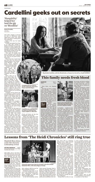 Been there, not bingeing
that.
Not that you have to binge-
watch Bloodline, a 13-episode
series from Damages creators
Todd A. Kessler, Daniel Zelman
and Glenn Kessler: Netﬂix
doesn’t much care whether you
view the episodes all at once or
watch them a week at a time.
But if you take your time, you’ll
risk having the mystery at the
show’s core spoiledby someone
who didn’t.
What’s more,
each time you ﬁn-
ish an episode,
you’ll still have to
face that age-old
television question of whether
what you just saw has made you
want to see more. Your mileage,
interest and patience may vary,
but after watching three hours
Netﬂix made available for pre-
view, my answer would be no.
The shame is that skipping
Bloodline means missing out on
an ensemble of strong actors,
starting with Friday Night
Lights’ Kyle Chandler as the
story’s omniscient, incessant
narrator, and including Sam
Shepard, Sissy Spacek, Linda
Cardellini, Norbert Leo Butz,
Katie Finneran and Steven Pas-
quale. Unfortunately, they’re
slogging their way through a
too-familiar family-in-crisis
story that traps them in some
dramatic no-man’s-land: too
forced and melodramatic to feel
as real as Lights, and yet too
somber and portentous to be as
entertaining as Empire.
As they did with Damages,
the producers are telling their
story largely in ﬂashback. Be-
fore you even meet Danny Ray-
burn (Ben Mendelsohn), you
know the pending arrival of this
prodigal oldest son is bad news,
because his younger, more re-
sponsible brother, John (Kyle
Chandler), tells us so. “The
voice in your head,” his narra-
tion intones, “is telling you
something is going to go terri-
bly wrong, and there’s nothing
you can do to stop it” — which
is about where the voice in
your head may be telling you:
“Please. Stop.”
Danny’s arriving for a party
thrown by his innkeeper par-
ents (Spacek and Shepard),
who are being honored for
their work in their Florida
Keys community. So friends
and family gather, led by Dan-
ny, John (the sheriff), their
lawyer sister, Meg (Cardellini),
and their hotheaded youngest
brother, Kevin (Butz).
And we’re off, for another
one of those family pressure-
cooker events where ties will
fray and secrets will be re-
vealed. And if you don’t think
each of these characters has a
secret, well then, Bloodline may
be for you — because that
means you’ve never seen any of
the 10,000 other dramas it
resembles.
There’s excellent work here,
particularly from Spacek,
Shepard and Chandler. But de-
spite ﬁne individual perfor-
mances, the actors never
collectively project a sense of
family — the shared history,
gestures and mannerisms that
identify siblings. And if you
don’t believe the family, or care
what happens to them, why
would you invest in their
story?
For one episode, 13 episodes
or anything in between.
This family needs fresh blood
BLOODLINE eeEE
Netflix Today
TV
PREVIEW
ROBERT
BIANCO
SAEED ADYANI, NETFLIX
Robert (Sam Shepard) and
Sally (Sissy Spacek) head the
secretive Rayburn family.
6B LIFE USA TODAY
FRIDAY, MARCH 20, 2015
NEW YORK Imagine co-starring
on two of television’s most
talked-about shows and being
able to say little to nothing about
your experience.
Such is the case for Linda
Cardellini.
In 2013, she bedded Don Drap-
er on Mad Men, earning an
Emmy nomination for her per-
formance as sultry neighbor Syl-
via Rosen, something the show’s
famously secretive creator Mat-
thew Weiner wouldn’t let her talk
about until her arc was over.
“You can’t tell people what
you’re working on and why you
have red acrylic nails,” Cardellini
says. “But I’m very good at keep-
ing secrets.”
That serves her in good stead
now that she’s the runt of the
Rayburn family on the Netﬂix
series Bloodline — and can
barely reveal anything
about her character, Meg.
“It’s hard to talk about
something you can’t
really expose. My
mom’s like, ‘Can I
know anything about
what you’re doing?’ ”
Cardellini says with a
smile.
Here’s what we do
know about Meg, the
youngest of the four very
different siblings at the
heart of the twisty thriller
(all 13 episodes are available
today): “She believes she’s not a
bad person, but she’s doing some
things she shouldn’t be doing. She
questions whether she’s a good
person. I liked the idea of her
being a mediator and trying to
please everybody but not pleasing
herself at all.”
Cardellini and her ﬁancé, Ste-
ven Rodriguez, packed up their
daughter, Lilah-Rose, 2, and relo-
cated to the Florida Keys for
eight months to ﬁlm the series,
and she drew from her own back-
ground to play Meg.
“I’m a sister. I’m a daughter. I
have brothers. I come from a
big family,” Cardellini says. “I was
the youngest. I loved my parents
and didn’t cut the apron strings
until really late.”
The actress, 39, who spent six
seasons on ER, was ﬁrst known
as army-jacket-clad “mathlete”
Lindsay Weir on the beloved (and
short-lived) NBC teen drama
Freaks and Geeks, which pre-
miered in 1999 and also intro-
duced James Franco and Seth
Rogen. She’s still in touch with
co-star Busy Philipps, and people
come up to her to this day, pro-
fessing their love for the series.
And it’s the reason co-creator
Todd A. Kessler cast her as Meg.
“Linda needed to hold her own
and have a toughness, and she has
something of a double life she’s
not sharing with her family,”
Kessler says. “It was an energy
thing. She comes from a pretty
fascinating family. Going back to
Freaks and Geeks, she has that
hangability with the guys.”
Today, she’s sleepy after a late
arrival from the West Coast, cou-
pled with a 2 a.m. ﬁre alarm that
roused everyone in her hotel. But
she’s good-natured and talkative,
and she fully appreciates the odd-
ly great trajectory of her career.
“It’s been really fun. ... I just did
a comedy with Will Ferrell and
Mark Wahlberg called Daddy’s
Home — it’s been a lot of twists
and turns,” she says. “It’s always a
surprise to me, what ends up
coming up. It’s been a wild ride.”
SAEED ADYANI, NETFLIX
Meg (Linda Cardellini, with Ben Mendelsohn as Danny) sees herself as a family mediator.
TELEVISION
Cardellini geeks out on secrets
‘Hangability’
helped her
land the gig
on ‘Bloodline’
Donna Freydkin
@freydkin
USA TODAY
MICHAEL YARISH, AMC
Cardellini was nominated for
an Emmy for playing Don’s
randy neighbor in Mad Men.
CHRIS HASTON, NBC
Cardellini got her break on
Freaks and Geeks with James
Franco and Seth Rogen.
NEW YORK Late in Act One of
The Heidi Chronicles, the heroine
gets a sobering tip from the ambi-
tious narcissist she has been
sleeping with, on and
off, for nearly 10
years. Hers will be “a
generation of disap-
pointed women,” he
tells her. “Interest-
ing, exemplary, even sexy, but ba-
sically unhappy. The ones who
open doors usually are.”
Heidi Holland is, you see, a Ba-
by Boomer and an art historian
whose yearning for sexual equali-
ty and social progress looms large
in both her lectures and her per-
sonal life. Wendy Wasserstein’s
Pulitzer Prize-winning play fol-
lows her for more than two dec-
ades, ending in 1989, the year the
work originally premiered.
Twenty-six years later, in di-
rector Pam MacKinnon’s sensi-
tive, impassioned production,
Heidi’s struggles can still seem
dishearteningly familiar.
In this ﬁrst Broadway revival,
which opened Thursday, Heidi is
played by Elisabeth Moss, best
known as Peggy Olson on AMC’s
Mad Men, a woman battling sex-
ism just before the cultural revo-
lution that marks Heidi’s coming
of age. Moss brings the same em-
pathy and accessibility to her new
role, along with an endearing
gooﬁness and a slight neurotic
edge that suits the character.
The excellent company MacK-
innon has assembled reminds us
that Wasserstein’s dialogue can
be as funny as it is unsettling. Ja-
son Biggs (Orange Is the New
Black, American Pie) mines the
arrogance of Scoop Rosenbaum,
Heidi’s aforementioned ﬂame
and foil, with delicious wit.
As Heidi’s more reliable conﬁ-
dante, the deeply compassionate
but sometimes caustic Peter Pa-
trone, rising stage star Bryce
Pinkham delivers the show’s
breakout performance. We meet
Peter as a precocious, awkward
schoolboy who approaches the
teenage Heidi at a dance and
watch him become a young man
bravely confronting his sexual
identity, and then as a celebrated
pediatrician grappling with the
horrors of AIDS in the ’80s. Pink-
ham makes us laugh, breaks our
hearts and lifts our spirits with
his character’s courage and righ-
teous indignation.
Seeing Heidi in 2015, it’s easy
to draw parallels between our
time and the decade that brought
us both HIV panic and go-go cap-
italism. As Heidi and her posse
leave the idealism of the ’60s and
the soul-searching of the ’70s be-
hind for the ’80s in Act Two, even
John Lee Beatty’s set design and
Jessica Pabst’s costumes seem
colder, coarser, more garish.
In one hilarious scene, Heidi,
Scoop and Peter tape a segment
for a vapid TV talk show. A pro-
ducer lists their subjects, using
reductive soundbites and advis-
ing them, “Our audiences like a
little controversy with their cof-
fee.” Scoop, now a successful
magazine editor, cites his readers’
deﬁning virtues, among them
wealth and power. Sound any-
thing like our corporate and
media culture today?
Yet neither Wasserstein nor
Heidi emerge as embittered by
such trends. Heidi remains as ap-
pealing for its generosity of spirit
as it is for its pluck.
(Myla Lerner, wife of USA
TODAY publisher Larry Kramer,
is a producer of the show.)
JOAN MARCUS
Chronicles spans more than two decades in the life of Heidi
(Elisabeth Moss, with Jason Biggs as Scoop).
Lessons from ‘The Heidi Chronicles’ still ring true
Elisabeth Moss shines
as the title character
in Broadway revival
THEATER
REVIEW
ELYSA
GARDNER
THE HEIDI CHRONICLES eeeg
Starring Elisabeth Moss, Jason Biggs
The Music Box Theatre
 