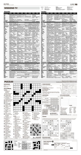 USA TODAY
FRIDAY, MARCH 20, 2015 LIFE 9B
Saturday
8:00 8:30 9:00 9:30 10:00 10:30 11:00 11:30
NETWORK
ABC Secrets and Lies. (TV14) In an Instant. (N) (HD) (TV14) Local news.
CBS 2015 NCAA Basketball Tournament: Teams TBA. 48 Hours. (N) (TVPG) Local news.
Fox Backstrom. (TV14) Sleepy Hollow. (TV14) Local news and pro Animation Domination.
NBC Fast Five. (PG-13) (AL, AS, V) Local. SNL.
PBS Local news.
ION Criminal Minds. (TV14) C.M: Suspect. C.M: Suspect. The Listener. (TV14)
Telemundo Transporter 3. With Jason Statham. (2008) Fútbol Mexicano Primera División
Univision Sábado Gigante. (N) (TVPG) P. Luche. Noticiero.
CABLE
A&E Married at First Sight. (TV14) Wahlburgr. Wahlburgr. Wahlburgr. Wahlburgr.
ABC Family Mermaid. Sleeping Beauty. (Starts 8:45) (1959) (G) Cinderella. (1 hr. 14 mins.) (1950) (G)
AMC National Lampoon’s Vacation. (1983) National Lampoon’s European Vacation. (1985)
Animal Planet Pit Bulls and Parolees. Pit Bulls and Parolees. Pit Bulls and Parolees. Pit Bulls and Parolees.
BBC America Star Trek: Next. The Musketeers. (TV14) Graham Norton Show. Doctor Who. (TVPG)
BET Madea. Obsessed. With Idris Elba. (2009) The Fighting Temptations. (2003)
Bravo Forgetting Sarah Marshall. With Jason Segel. (2008) Forgetting Sarah Marshall. (2008)
Cartoon Dragon. One Piece. King of Hill. King of Hill. Boondocks. Amer. Dad. Amer. Dad. Family Guy.
CMT Ace Ventura: Pet Detective. (1 hr. 26 mins.) (1994) Cops Rel. Cops Rel. Cops Rel. Cops Rel.
Comedy Employee. Hot Tub Time Machine. with Rob Corddry. (2010) Hot Tub Time Machine. (Starts 10:45)
Discovery Fast N’ Loud. (TV14) Fast N’ Loud. (TV14) Fast N’ Loud. (TV14) Fast N’ Loud. (TV14)
Disney K.C. K.C. K.C. K.C. Lab Rats. Kickin’ It. Liv/Maddie. Dog.
DisXD Gravity. Wander. Ninja. Ultimate. Avengers. Hulk. Wander. Wander.
E! The Royals. (TV14) Kardashian. Sex and the City. with Kim Cattrall. (2008)
Food Chopped. (TVG) Chopped. (TVG) Chopped. (TVG) Chopped. (TVG)
FX This Is 40. (2012) (R) (AL, AS) Backstrom. (TV14)
FXX Rise of the Guardians. (PG) (AS) Rise of the Guardians. (PG) (AS)
GSN FamFeud. FamFeud. FamFeud. FamFeud. Idiotest. (TVPG) Idiotest. (TVPG)
Hallmark Good Witch. (N) (TVPG) The Chateau Meroux. with Taylor Negron. (2011) Good Witch. (TVPG)
HGTV Property Brothers. (TVG) Property Brothers. (TVG) House Hunters Reno. Hunters. Hunt Intl.
History Pawn. Pawn. Pawn. Pawn. Pawn. Pawn. Pawn. Pawn.
ID Deadly Sins. (TV14) Deadly Sins. (N) (TV14) Scorned: Love Kills. (N) Deadly Sins. (TV14)
IFC Inglourious Basterds. Inglourious Basterds. With Brad Pitt, Mélanie Laurent. (2009)
Lifetime Stalked by My Neighbor. (2015) (NR) Nanny Cam. (Starts 10:02) (2014) (NR)
MTV Teen Mom. Teen Mom. (TVPG) Teen Mom. (TVPG) Teen Mom. (TVPG) Teen Mom.
Nat. Geo. Alaska State Troopers. Wicked Tuna. (TV14) Wicked Tuna. (TV14) Wicked Tuna. (TV14)
Nick Henry. Nicky. Bella. Thunder. Prince. Prince. Friends. Friends.
OWN Sweetie Pie’s. Sweetie Pie’s. 2 Fat 2 Fly. (N) (TVPG) Sweetie Pie’s.
Oxygen Down Erth. Tyler Perry’s I Can Do Bad All By Myself. (1 hr. 53 mins.) (2009) I Can Do Bad.
Science Acts of Science. Acts of Science. What Could Go Wrong? Acts of Science.
Spike Cops. Cops. Cops. Cops. Cops. Cops. Con Air. (1997)
Sundance The Sentinel. (2006) The Fugitive. (1993) (PG-13) (AS, V) Next 3.
Syfy Zathura. (From 7:00) Jumanji. (PG) (AL, V) Robin Hood. (2010)
TBS 2015 NCAA Basketball Tournament. 2015 NCAA Basketball Tournament: Teams TBA. (N) (Live)
TCM Now, Voyager. With Bette Davis. (1942) (NR) Lydia. With Merle Oberon. (1941) (NR)
TLC 19 Kids. 19 Kids. 19 Kids. 19 Kids. 19 Kids. 19 Kids. 19 Kids and Counting.
TNT NCAA. 2015 NCAA Basketball Tournament: Teams TBA. (N) (Live) The Dark Knight. (2008)
Travel Ghost Adventures. Ghost Adventures. (N) The Dead Files. (TVPG) The Dead Files. (TVPG)
TruTV Jokers. Jokers. Jokers. Jokers. Carbonaro. Carbonaro. Carbonaro. Carbonaro.
TV Land FamFeud. FamFeud. Raymond. Raymond. King. King. King. King.
USA NCIS. (TV14) NCIS. (TV14) NCIS. (TVPG) No Strings Attached.
VH1 What’s Your Number? With Anna Faris. (2011) Walk/Sh. Barely. Mob Wives.
WE Law & Order. (TV14) Law & Order. (TV14) Law & Order. (TV14) Law & Order. (TV14)
WGN America Blue Bloods. (TV14) Blue Bloods. (TV14) Casino Royale. With Daniel Craig. (2006)
MOVIE NETWORKS
Cinemax Nutty Professor II: The Klumps. (Starts 8:10) (2000) Wedding Crashers. With Owen Wilson. (2005)
Encore The World Is Not Enough. (1999) Demolition Man. (Starts 10:10) (1993)
HBO A Million Ways to Die in the West. (2014) Sarah Silverman: We. Girls. Looking.
Lifetime Movie The Haunting Of... The Haunting Of... (N) My Haunted House. (N) Intervention. (TV14)
Showtime Kill Bill: Vol. 2. With Uma Thurman. (2004) Premature. (2014)
Starz Black Sails. (TVMA) Black Sails. (TVMA) Black Sails. (TVMA) Black Sails. (TVMA)
TMC Failure to Launch. (2006) Exorcismus. (2010) An American Werewolf in London.
SPORTS NETWORKS
ESPN College Wrestling: NCAA Championships, Finals. (N) (Live) SportsCenter. (N) (Live)
ESPN2 Basketball. Update. Women’s College Basketball: NCAA Tournament 2014 CrossFit Games
ESPNU College Baseball: Vanderbilt at Auburn. From Plainsman Park in Auburn, Ala. SportsCenterU. (N) (Live)
FS1 Motorcycle Racing. UFC Fight Night: UFC: Maia vs. LaFlare. (N) (Live)
Golf LPGA Tour Golf. Golf Central. (N) (Live) PGA Tour Golf.
NBA NBA GameTime The latest NBA news and highlights from around the league. NBA Inside. Shaqtin’.
NBCSports College Hockey. NHL Top 10. Red Bull Series. Match of the Day.
NFLN A Football Life. A Football Life. Top 10. NFL Total Access.
Sunday
8:00 8:30 9:00 9:30 10:00 10:30 11:00 11:30
NETWORK
ABC Once Upon a Time. (N) Secrets and Lies. (TV14) Revenge. (N) (TVPG) Local news.
CBS Madam Secretary. (N) The Good Wife. (TV14) Battle Creek. (N) (TVPG) Local news.
Fox Family Guy. (TV14) The Last Man on Earth. Local news and programming.
NBC The Voice. (TVPG) Dateline NBC. A woman works to free her husband. Local news.
PBS Drama. Drama. Masterpiece Classic. (HD) (TVPG) Local news.
ION Ghost Whisperer. Ghost Whisperer. Ghost Whisperer. Ghost Whisperer.
Telemundo La Voz Kids. (N) Suelta La Sopa Extra. Titulares. Videos.
Univision Nuestra Belleza Latina. (N) Sal y Pimienta. P. Luche. Noticiero.
CABLE
A&E Intervention. Intervention. (TV14) Neighbors W/Benefits. Neighbors W/Benefits.
ABC Family Sleeping. Cinderella. (1 hr. 14 mins.) (1950) (G) Pocahontas. (Starts 10:15) (1995) (G)
AMC The Walking Dead. The Walking Dead. (N) Talking Dead. (N) (TV14) The Walking Dead.
Animal Planet North Woods Law. (N) North Woods Law. Rocky Bounty Hunters. North Woods Law.
BBC America Robin Hood: Prince of Thieves. With Kevin Costner. (1991) Real History.
BET The Fighting Temptations. (2003) (PG-13) (AS) Being Mary Jane. Keyshia.
Bravo Real Housewives/Atl. Matchmaker. Fashion. Happens. Real Housewives/Atl.
Cartoon Oblongs. King of Hill. King of Hill. Burgers. Burgers. Family Guy. Family Guy. China, IL.
CMT The Parent Trap. With Lindsay Lohan. (1998) (PG) (AS) Cops Rel. Cops Rel.
Comedy South Park. South Park. South Park. South Park. South Park. South Park. South Park. South Park.
Discovery Alaskan Bush People. Alaskan Bush People: Revisited. (TV14) Alaskan Bush People.
Disney Liv/Maddie. Liv/Maddie. I Didn’t. Liv/Maddie. Jessie. Dog. Girl Meets. Liv/Maddie.
DisXD Gravity. Penn Zero. Ninja. Ultimate. Avengers. Hulk. Wander. Wander.
E! Kardashian. Kardashian. The Royals. (N) (TV14) Kardashian.
Food Guy’s Grocery Games. All-Star Academy. (TVG) Cutthroat Kitchen. (TVG) Cutthroat Kitchen. (TVG)
FX Just Go with It. With Adam Sandler. (1 hr. 55 mins.) (2011) Just Go with It. (2011)
FXX 2012. (From 7:00) With John Cusack. (2009) 2012. With John Cusack. (2009)
GSN FamFeud. FamFeud. FamFeud. FamFeud. FamFeud. FamFeud. Baggage. Baggage.
Hallmark Second Chances. (TVG) Chance at Romance. (1 hr. 30 mins.) (2013) (TVG) Gold Girls. Gold Girls.
HGTV Lakefront. Lakefront. Caribbean. Caribbean. Island Life. Island Life. Hunters. Hunt Intl.
History Ax Men. (TVPG) Ax Men. (N) (TVPG) Appalachian Outlaws. American Pickers.
ID Dateline on ID. (TV14) Unusual Suspects. (N) On the Case, Zahn. Dateline on ID. (TV14)
IFC Lara Croft Tomb Raider. Lara Croft Tomb Raider: The Cradle of Life. (2003) Eraser.
Lifetime Watch Your Back. (2015) The Good Mistress. (2014) (NR) (TV14) Watch Your Back. (2015)
MTV Teen Mom. (TVPG) Teen Mom. (TVPG) Teen Mom. (TVPG) Teen Mom. (TVPG)
Nat. Geo. Wicked Tuna. (TV14) Wicked Tuna. (N) (TV14) Ultimate Survival Wicked Tuna. (TV14)
Nick Full House. Full House. Full House. Full House. Prince. Prince. Friends. Friends.
OWN Oprah: Where Now? Oprah: Where Now? Oprah: Where Now? Oprah: Where Now?
Oxygen Snapped. (TVPG) Snapped. (N) (TVPG) Snapped. (TVPG) Snapped. (TVPG)
Science MythBusters. (TVPG) MythBusters. (TVPG) MythBusters. (TVPG) MythBusters. (TVPG)
Spike Bar Rescue. (TVPG) Bar Rescue. (N) (TVPG) Coaching Bad. (N) (TV14) Bar Rescue. (TVPG)
Sundance Outbreak. (From 5:00) (1995) Misery. Misery. With James Caan. (1990)
Syfy Jumanji. (From 7:00) The Last Airbender. With Noah Ringer. (2010) The Fifth Element.
TBS 2015 NCAA Basketball Tournament. 2015 NCAA Basketball Tournament: Teams TBA. (N) (Live)
TCM Irma La Douce. With Shirley MacLaine. (1963) (NR) Fanny. (NR) (AS)
TLC Medium. Medium. Medium. Medium. Who Do You. Medium. Medium.
TNT NCAA. 2015 NCAA Basketball Tournament: Teams TBA. (N) (Live) The Express. (2008)
Travel No Reservation. Breaking Borders. (N) Breaking Borders. No Reservations. (TVPG)
TruTV 2015 NCAA Basketball Tournament: Teams TBA. Jokers. Jokers. Jokers. Jokers.
TV Land Gold Girls. Gold Girls. Raymond. Raymond. King. King. King. King.
USA Law & Order: SVU. Law & Order: SVU. Law & Order: SVU. Mod Fam. Mod Fam.
VH1 Selena. (From 7:00) (2 hrs. 7 mins.) (1997) Walk/Sh. Barely. Mob Wives. (TV14)
WE CSI: Miami. (TV14) CSI: Miami. (TV14) CSI: Miami. (TV14) CSI: Miami. (TV14)
WGN America Casino Royale. (From 7:00) with Eva Green. (2006) Outlaw Country. (HD) Salem. (HD) (TVMA)
MOVIE NETWORKS
Cinemax Timecop. The Purge. (2013) The Purge: Anarchy. (2014) Sin City.
Encore Dr. No. (PG) (AS, V) Point Break. (Starts 9:50) (1991)
HBO Million Ways. Girls. VICE. Looking. Girls. Last Week. Looking.
Lifetime Movie Beautiful & Twisted. (2015) (NR) (TV14) The Returned. (TV14) The Returned. (TV14)
Showtime Episodes. Lies. Shameless. (N) Lies. Lies. Shameless.
Starz Black Sails. (TVMA) Black Sails. (TVMA) Sex Tape. (Starts 10:05) (2014) Black Sails.
TMC Yours, Mine & Ours. Last Vegas. With Michael Douglas. (2013) The Canyons. (2013)
SPORTS NETWORKS
ESPN Wm. Basketball. Women’s College Basketball. SportsCenter. (N) (Live)
ESPN2 Wm. Basketball. Women’s College Basketball. ESPN FC. (N)
ESPNU College Basketball. 30 for 30. SportsCenterU. (N) (Live)
FS1 MLS Soccer: Fire at Earthquakes. Garbage. NASCAR. NASCAR. Fox Sports Live. (N)
Golf LPGA Tour Golf. Golf Central. (N) (Live) PGA Tour Golf.
NBA NBA GameTime The latest NBA news and highlights from around the league. (N)
NBCSports NHL Hockey: Ducks at Rangers. NHL. Sports Report. Premier.
NFLN NFL Veteran Combine. Caught in the Draft. Caught in the Draft. Top 10.
MOVIES Eastern Time
may vary in some cities.
(N) New episode.
(HD) High-definition
where available.
Ratings
TVY Children of all ages
TVY7 Children over 7
TVG All audience
TVPG Parental guidance suggested
TV14 Inappropriate for under 14
TVMA Mature Audience
FV Fantasy Violence
V Violence
S Sexual situations
L Coarse Language
D Suggestive dialogue
WEEKEND TV
©WIGGLES 3D GAMES
DON’T QUOTE ME®
Rearrange the words to complete the quote.President Ronald
Reagan jokes
about his health.
DOWN MORNING NEWSPAPERS PRESSURE
READING START TOLD
MY DOCTORS ________ ME THIS ___________ MY
BLOOD ______________ IS ________ SO LOW THAT I
CAN ___________ ___________THE ______________.
3/20
Thursday’s Answer: “There is no pleasure in having nothing to do; the fun is having lots to do and not doing it.”
- Andrew Jackson
PUZZLES
ACROSS
1 A language
spoken in
Scotland
5 Like a snail’s pace
9 African snake
14 College head
15 Queen of the
Olympian gods
16 Currently
broadcasting
17 Colossal, as a film
18 Quite some time
19 Work with hair
20 So-so
23 A tennis point
24 Fortune 500
listings (Abbr.)
25 “Now I ___ me . . .”
26 Explode, as a
volcano
28 “To a Skylark,”
for one
31 Depth charge
target
34 Shrunken salt
lake
35 Arctic seabird
36 Common choices
for green
thumbs?
39 “The Simpsons”
brainiac
40 Response to
“Sooey!”
41 Rocky ridge
42 “How was ___
know?”
43 Discontinues
44 Gabor of TV and
film
45 Lilliputian
46 Great Mosque
site of Syria
49 Average
54 Prefix with
“graphy”
55 A la follower?
56 Author Blyton
57 Prepare for a
collision
58 Say for sure
59 Ancient Greek
colonnade
60 Mister, down
south
61 Capone
adversary
62 LG rival
DOWN
1 Land west of
Nod
2 Plant again
3 Speaks like King
James
4 Mexican dish
5 Hovel
6 Long-limbed, as a
model
7 Rich bank
deposits
8 Hornet relative
9 Site of the 1980
Summer Olympics
10 “Nay” sayers
11 Yucatan native
12 Bird feature
13 We may
precede it
21 Very angry
22 Bacteria that
might cause a
food recall
26 Some nutritious
cereals
27 Songbird
28 “The Grapes of
Wrath” extra
29 “Dueling Banjos,”
for one
30 “ ___ on Down
the Road”
31 Jamaican citrus
fruit
32 Fish lure
33 “. . . ___ it seems”
34 Having keen
interest
35 Kind of gown
37 Nine singers
singing
38 Having roof
overhangs
43 Twice as
spooky
44 Grown-ups, to
kids
45 “Roger”
follower, in
ham lingo
46 Senate
assistants
47 Bean or horse
48 Dip or bagel
49 Payment to ride
50 Shepard who
went into space
51 Arab League
member
52 Change
residences
53 Aussie greeting
54 Major
broadcaster
Answers: Call 1-900-988-8300, 99 cents a minute; or, with a credit card, 1-800-320-4280.
IT’S TYPICAL
CROSSWORD
EDITED Timothy Parker
BY Mary Jersey
Thursday’s Answer
3/19
© Universal Uclick 3/20
CROSSWORDS
ON YOUR PHONE
mobilegames.usatoday.com
DIFFICULTY RATING )))))
Complete the grid so that every row, column and 3x3
box contains the numbers 1 through 9 (no repeats).
3/20
3/19
SUDOKU FUSION
ON YOUR PHONE
mobilegames.usatoday.com
Complete the grid so that every row, column and 3x2
box contains the numbers 1 through 6 (no repeats).
DIFFICULTY RATING )))))
5 8 3 9 2
6 7 2 1
6 3
1 7 6
8
3 9 5
5 7
9 8 7 5
9 3 5 2 8
4 1
2 4
4 5
4 6
2 3
4 1
5 7 4 6 2 8 3 9 1
2 1 9 7 5 3 8 4 6
8 6 3 1 9 4 2 7 5
1 9 6 8 4 5 7 3 2
7 8 5 3 1 2 9 6 4
3 4 2 9 6 7 5 1 8
9 5 7 4 8 6 1 2 3
4 3 8 2 7 1 6 5 9
6 2 1 5 3 9 4 8 7
2 1 4 5 3 6
6 3 5 2 1 4
1 6 3 4 2 5
5 4 2 3 6 1
3 5 1 6 4 2
4 2 6 1 5 3
Thursday’s Answers
SUDOKU
© Universal Uclick
QUICKCROSS
By John Wilmes 3/20
Actor Jack
-> ____ Sugar -->
Def Leppard song, “____ ->
--> __ __”
Hockey great Phil,
familiarly
Diving bird
A British mother
Scant
Thursday’s Answer
3/19
F L I P
L O V E
O P A L
P E N T
QUICKCROSS
ON YOUR PHONE
mobilegames.usatoday.com
©UniversalUclick
GUARD
1.
2.
3.
4.
5.
6.
7.
PLAY ONLINE
PUZZLES.USATODAY.COM
UP & DOWN WORDS
By David L. Hoyt and Russell L. Hoyt
1. Coke or Pepsi nickname
2. Surprise for students
3. Movie directed by
Robert Redford
4. Arrive
5. Maine, to Florida
6. Region of Australia
7. Shoreline protectors
Clues: Thursday’s Answer
NOT
LOGICAL
ORDER
FORM
LETTER
CARRIER
PIGEON
LOGICAL
ORDER
FORM
LETTER
CARRIER
PIGEON
FORGE
SODA
3/20
© Universal Uclick
A Z A N G O R A R R E A
U R A O R T A U O A L L
R L E M K Y B L A T L P
O V K A N L L Z C I I H
R B E J I E Z Y A U V A
A T J W C X S K P G R K
S B O S T O N I L U O B
A M O E B A B C A Z X K
WORD ROUNDUP
By David L. Hoyt and Jeff Knurek
Thursday’s answer: PORTUGUESE RUSSIAN SPANISH SWEDISH
ITALIAN FRENCH GERMAN POLISH GREEK THAI / PANDA ZEBRA /
YELLOW / HIGHER / START
3/20
Find and Circle:
Nine words starting and ending in A ☑☐☐☐☐☐☐☐☐
The Wright brothers ☐☐
Two stringed instruments ☐☐
Home to the Bruins ☐
Ribeye or sirloin ☐
©UniversalUclick
Report puzzle problems to us at
feedback@usatoday.com or 1-800-872-7073
 