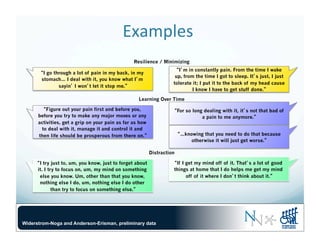 Examples	
  	
  
Resilience / Minimizing
“I go through a lot of pain in my back, in my
stomach… I deal with it, you know what I’m
sayin’ I won’t let it stop me.”
“I’m in constantly pain. From the time I wake
up, from the time I got to sleep. It’s just, I just
tolerate it; I put it to the back of my head cause
I know I have to get stuff done.”
Learning Over Time
“Figure out your pain first and before you,
before you try to make any major moves or any
activities, get a grip on your pain as far as how
to deal with it, manage it and control it and
then life should be prosperous from there on.”
“For so long dealing with it, it’s not that bad of
a pain to me anymore.”
Distraction
“I try just to, um, you know, just to forget about
it. I try to focus on, um, my mind on something
else you know. Um, other than that you know,
nothing else I do, um, nothing else I do other
than try to focus on something else.”
“lf I get my mind off of it. That’s a lot of good
things at home that I do helps me get my mind
off of it where I don’t think about it.”
“…knowing that you need to do that because
otherwise it will just get worse.”
Widerstrom-Noga and Anderson-Erisman, preliminary data
 