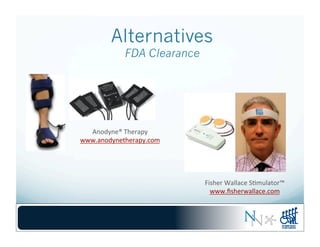 Alternatives
FDA Clearance
Anodyne®	
  Therapy	
  
www.anodynetherapy.com	
  
Fisher	
  Wallace	
  S-mulator™	
  
www.ﬁsherwallace.com	
  
 