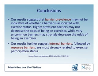 Rehab	
  is	
  Over,	
  Now	
  What?	
  Webinar	
  	
  	
  	
  	
  	
  	
  	
  	
  	
  	
  
Conclusions	
  	
  
•  Our	
  results	
  suggest	
  that	
  barrier	
  prevalence	
  may	
  not	
  be	
  
indica.ve	
  of	
  whether	
  a	
  barrier	
  is	
  associated	
  with	
  
exercise	
  status.	
  Highly	
  prevalent	
  barriers	
  may	
  not	
  
decrease	
  the	
  odds	
  of	
  being	
  an	
  exerciser,	
  while	
  very	
  
uncommon	
  barriers	
  may	
  strongly	
  decrease	
  the	
  odds	
  of	
  
being	
  an	
  exerciser.	
  	
  
•  Our	
  results	
  further	
  suggest	
  internal	
  barriers,	
  followed	
  by	
  
resource	
  barriers,	
  are	
  most	
  strongly	
  related	
  to	
  exercise	
  
par.cipa.on	
  status.	
  
Cowan,	
  Nash,	
  and	
  Anderson,	
  2013.	
  Spinal	
  Cord.	
  51:27-­‐32.	
  
 