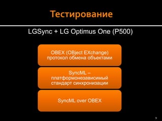 LGSync+ LG OptimusOne(P500) 
OBEX (OBjectEXchange) протокол обмена объектами 
SyncML– платформонезависимыйстандарт синхронизации 
SyncMLover OBEX 
9 
 