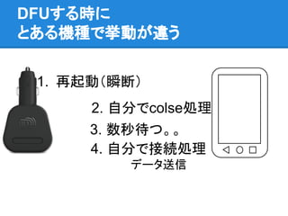DFUする時に
とある機種で挙動が違う
1. 再起動（瞬断）
2. 自分でcolse処理
4. 自分で接続処理
　　　　　データ送信
3. 数秒待つ。。
 