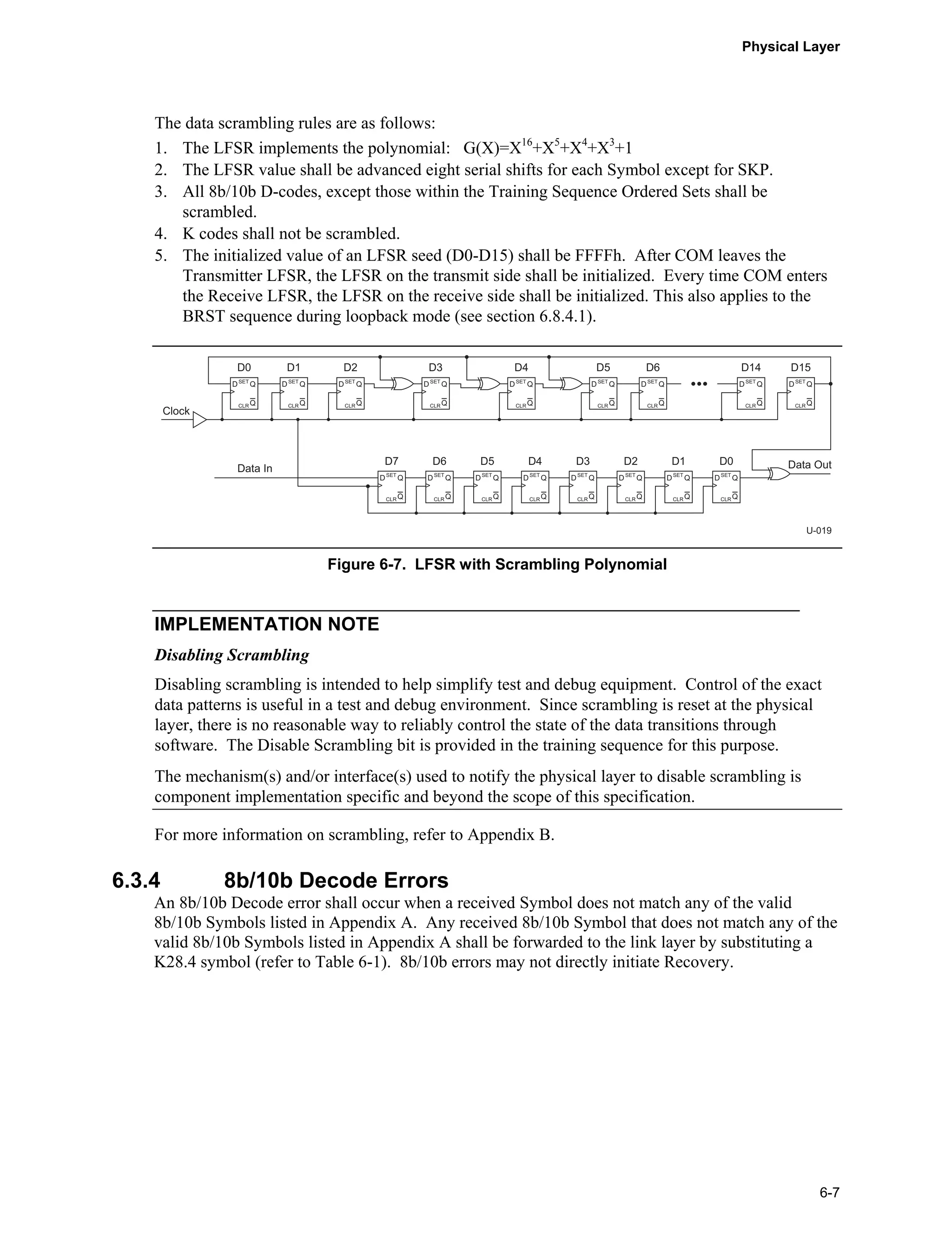 Physical Layer
6-7
The data scrambling rules are as follows:
1. The LFSR implements the polynomial: G(X)=X16
+X5
+X4
+X3
+1
2. The LFSR value shall be advanced eight serial shifts for each Symbol except for SKP.
3. All 8b/10b D-codes, except those within the Training Sequence Ordered Sets shall be
scrambled.
4. K codes shall not be scrambled.
5. The initialized value of an LFSR seed (D0-D15) shall be FFFFh. After COM leaves the
Transmitter LFSR, the LFSR on the transmit side shall be initialized. Every time COM enters
the Receive LFSR, the LFSR on the receive side shall be initialized. This also applies to the
BRST sequence during loopback mode (see section 6.8.4.1).
U-019
Data OutData In
D0
>
D Q
Q
SET
CLR
D1
>
D Q
Q
SET
CLR
D5
>
D Q
Q
SET
CLR
D6
>
D Q
Q
SET
CLR
D14
>
D Q
Q
SET
CLR
D15
>
D Q
Q
SET
CLR
D2
>
D Q
Q
SET
CLR
D3
>
D Q
Q
SET
CLR
D4
>
D Q
Q
SET
CLR
D6
>
D Q
Q
SET
CLR
D5
>
D Q
Q
SET
CLR
D4
>
D Q
Q
SET
CLR
D3
>
D Q
Q
SET
CLR
D2
>
D Q
Q
SET
CLR
D1
>
D Q
Q
SET
CLR
D0
>
D Q
Q
SET
CLR
D7
>
D Q
Q
SET
CLR
Clock
Figure 6-7. LFSR with Scrambling Polynomial
IMPLEMENTATION NOTE
Disabling Scrambling
Disabling scrambling is intended to help simplify test and debug equipment. Control of the exact
data patterns is useful in a test and debug environment. Since scrambling is reset at the physical
layer, there is no reasonable way to reliably control the state of the data transitions through
software. The Disable Scrambling bit is provided in the training sequence for this purpose.
The mechanism(s) and/or interface(s) used to notify the physical layer to disable scrambling is
component implementation specific and beyond the scope of this specification.
For more information on scrambling, refer to Appendix B.
6.3.4 8b/10b Decode Errors
An 8b/10b Decode error shall occur when a received Symbol does not match any of the valid
8b/10b Symbols listed in Appendix A. Any received 8b/10b Symbol that does not match any of the
valid 8b/10b Symbols listed in Appendix A shall be forwarded to the link layer by substituting a
K28.4 symbol (refer to Table 6-1). 8b/10b errors may not directly initiate Recovery.
 