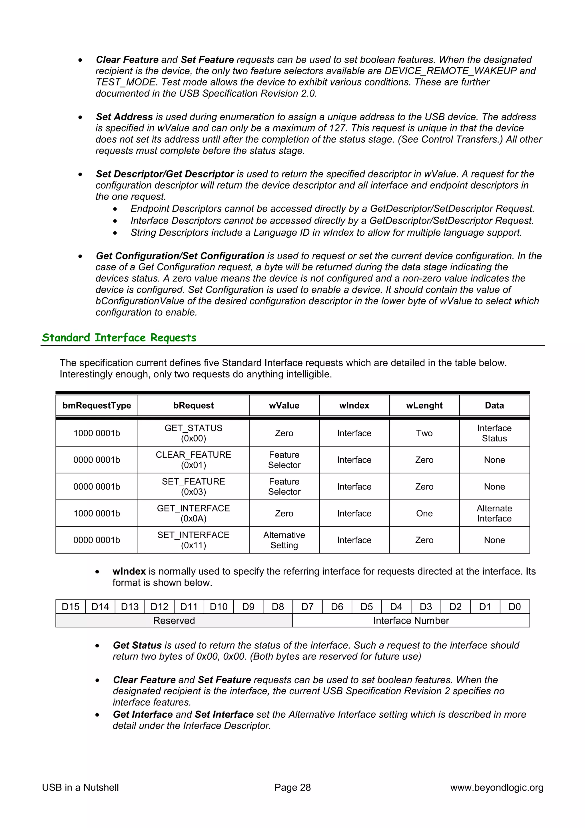 •   Clear Feature and Set Feature requests can be used to set boolean features. When the designated
           recipient is the device, the only two feature selectors available are DEVICE_REMOTE_WAKEUP and
           TEST_MODE. Test mode allows the device to exhibit various conditions. These are further
           documented in the USB Specification Revision 2.0.

       •   Set Address is used during enumeration to assign a unique address to the USB device. The address
           is specified in wValue and can only be a maximum of 127. This request is unique in that the device
           does not set its address until after the completion of the status stage. (See Control Transfers.) All other
           requests must complete before the status stage.

       •   Set Descriptor/Get Descriptor is used to return the specified descriptor in wValue. A request for the
           configuration descriptor will return the device descriptor and all interface and endpoint descriptors in
           the one request.
               • Endpoint Descriptors cannot be accessed directly by a GetDescriptor/SetDescriptor Request.
               • Interface Descriptors cannot be accessed directly by a GetDescriptor/SetDescriptor Request.
               • String Descriptors include a Language ID in wIndex to allow for multiple language support.

       •   Get Configuration/Set Configuration is used to request or set the current device configuration. In the
           case of a Get Configuration request, a byte will be returned during the data stage indicating the
           devices status. A zero value means the device is not configured and a non-zero value indicates the
           device is configured. Set Configuration is used to enable a device. It should contain the value of
           bConfigurationValue of the desired configuration descriptor in the lower byte of wValue to select which
           configuration to enable.

Standard Interface Requests

   The specification current defines five Standard Interface requests which are detailed in the table below.
   Interestingly enough, only two requests do anything intelligible.


    bmRequestType              bRequest               wValue           wIndex             wLenght          Data

                             GET_STATUS                                                                  Interface
      1000 0001b                                        Zero           Interface            Two
                                (0x00)                                                                    Status
                           CLEAR_FEATURE              Feature
      0000 0001b                                                       Interface            Zero          None
                               (0x01)                 Selector
                            SET_FEATURE               Feature
      0000 0001b                                                       Interface            Zero          None
                               (0x03)                 Selector
                           GET_INTERFACE                                                                 Alternate
      1000 0001b                                        Zero           Interface            One
                               (0x0A)                                                                    Interface
                           SET_INTERFACE             Alternative
      0000 0001b                                                       Interface            Zero          None
                                (0x11)                 Setting

           •     wIndex is normally used to specify the referring interface for requests directed at the interface. Its
                 format is shown below.

    D15    D14      D13   D12 D11       D10     D9     D8        D7   D6     D5        D4     D3    D2   D1       D0
                          Reserved                                                 Interface Number

           •     Get Status is used to return the status of the interface. Such a request to the interface should
                 return two bytes of 0x00, 0x00. (Both bytes are reserved for future use)

           •     Clear Feature and Set Feature requests can be used to set boolean features. When the
                 designated recipient is the interface, the current USB Specification Revision 2 specifies no
                 interface features.
           •     Get Interface and Set Interface set the Alternative Interface setting which is described in more
                 detail under the Interface Descriptor.




USB in a Nutshell                                      Page 28                                      www.beyondlogic.org
 