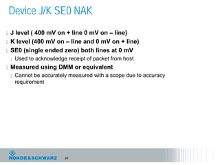 Device J/K SE0 NAK
l J level ( 400 mV on + line 0 mV on – line)
l K level (400 mV on – line and 0 mV on + line)
l SE0 (single ended zero) both lines at 0 mV
  l Used to acknowledge receipt of packet from host
l Measured using DMM or equivalent
  l Cannot be accurately measured with a scope due to accuracy
    requirement




                       24
 