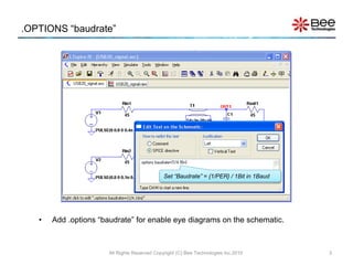 .OPTIONS “baudrate”
• Add .options “baudrate” for enable eye diagrams on the schematic.
Set “Baudrate” = {1/PER} / 1Bit in 1Baud
3All Rights Reserved Copyright (C) Bee Technologies Inc.2010